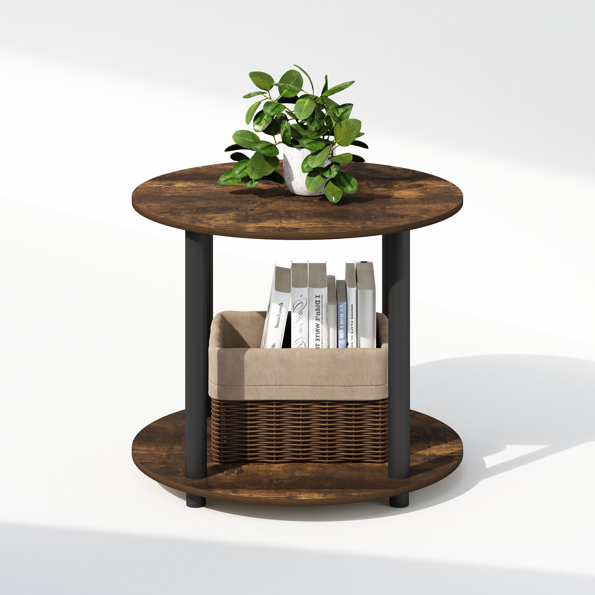Furinno Turn-N-Tube Simple Design 2-Tier Round Wooden Side End Table, Amber Pine
