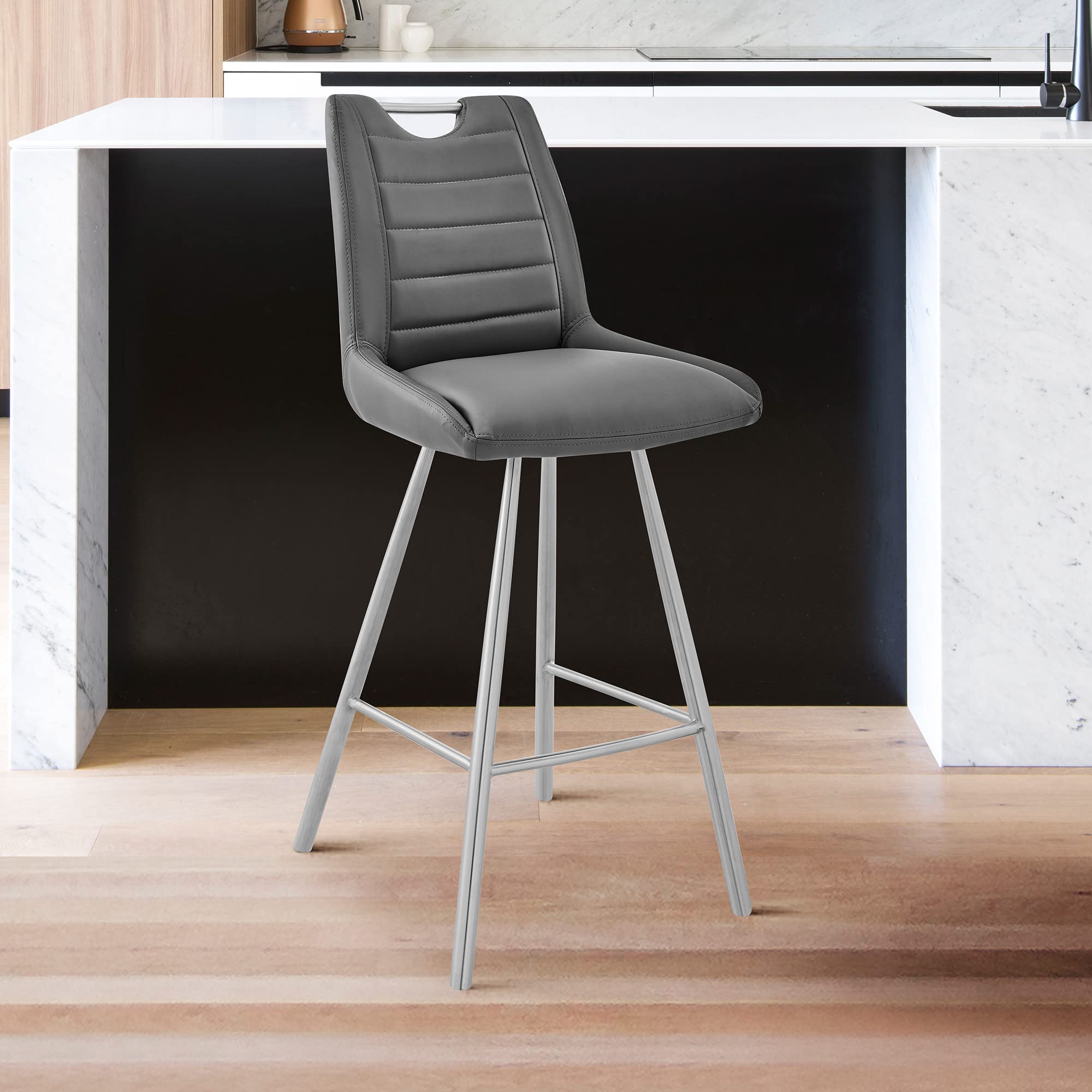 HomeRoots Gray PU+Metal 30' Grey Faux Leather and Brushed Stainless Steel Bar Stool