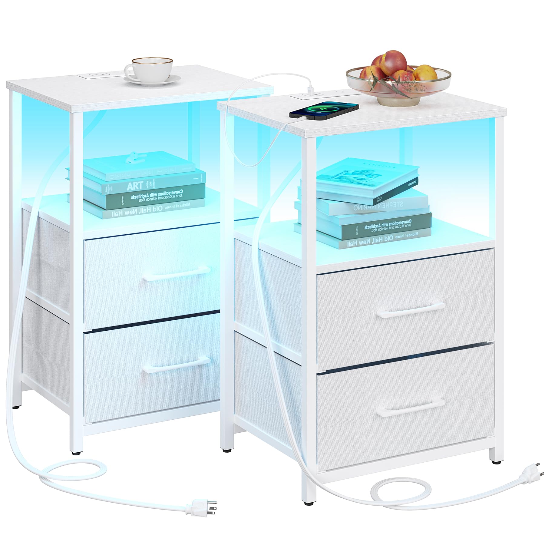 Tutotak Led End Table With Charging Station, Nightstand With Cloth Drawer, Side Table With 1 Usb Port And 1 Type-C Port, Set Of 2, Couch Table, White Tb01Bw052L