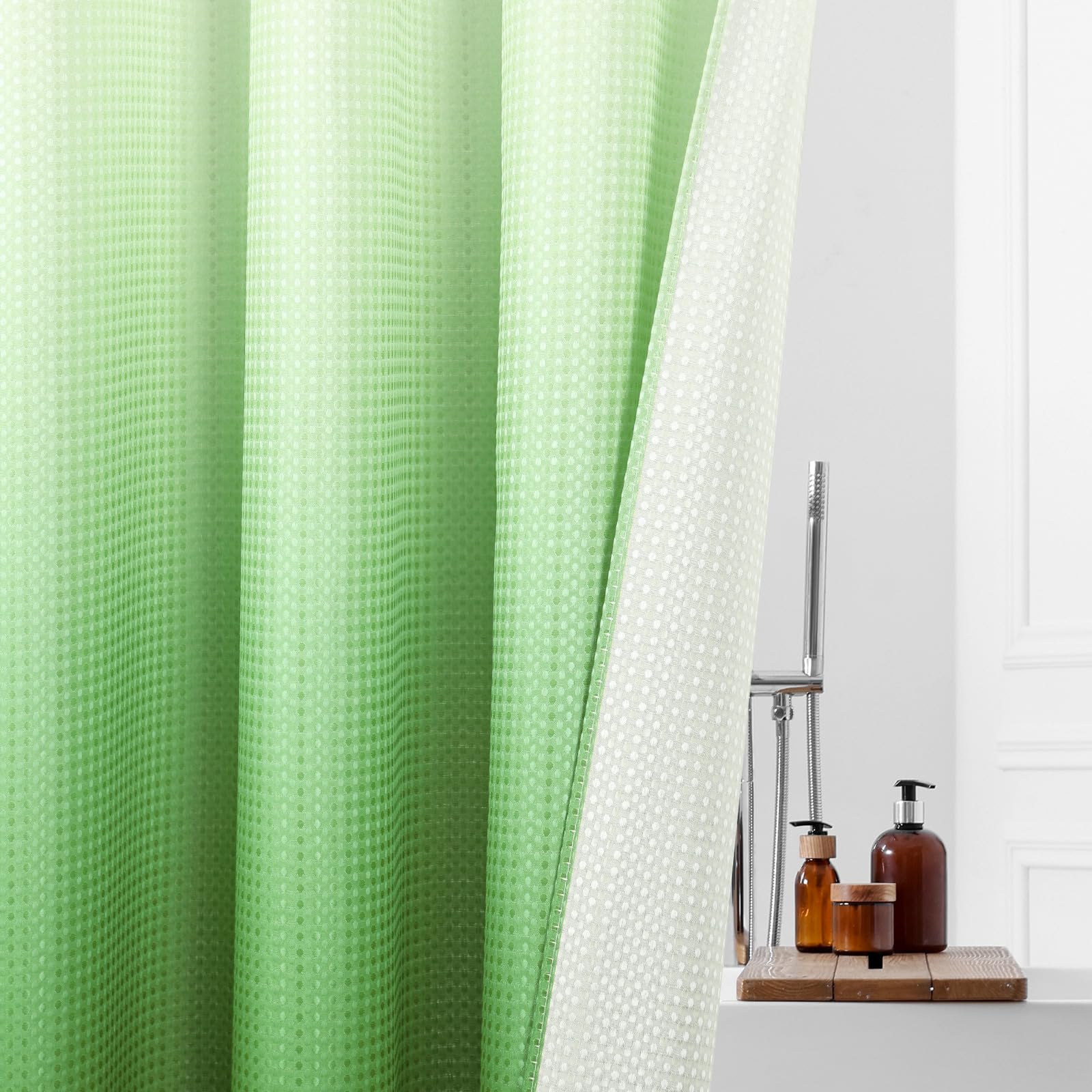 Mitovilla Emerald Green Ombre Long Shower Curtain 72 X 80, No Hooks Needed 80 Inch Long Heavyweight Waffle Fabric Shower Curtain