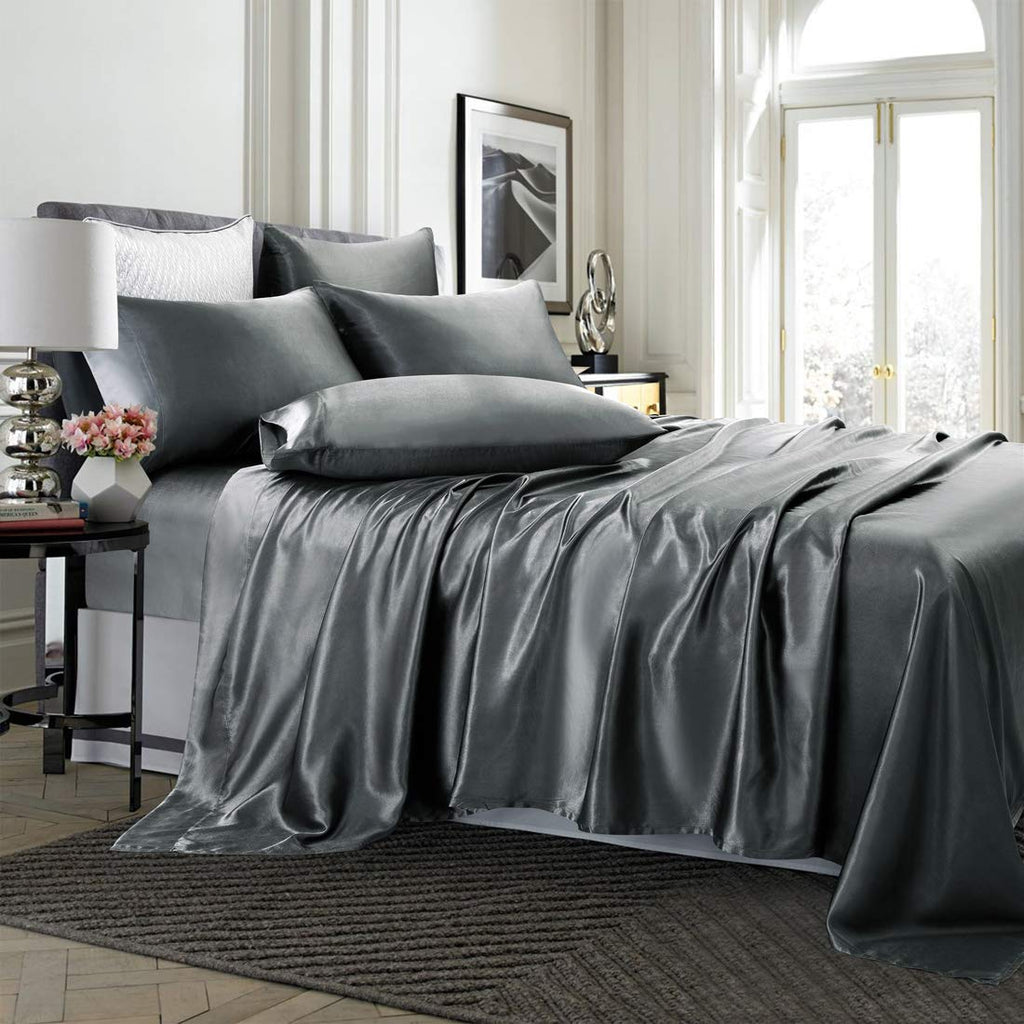 Treely 6 Piece Satin Sheets King Size Silky Smooth Grey Satin Sheet Set With Deep Pocket, Satin Fitted Sheet, Flat Sheet, 4 Sati