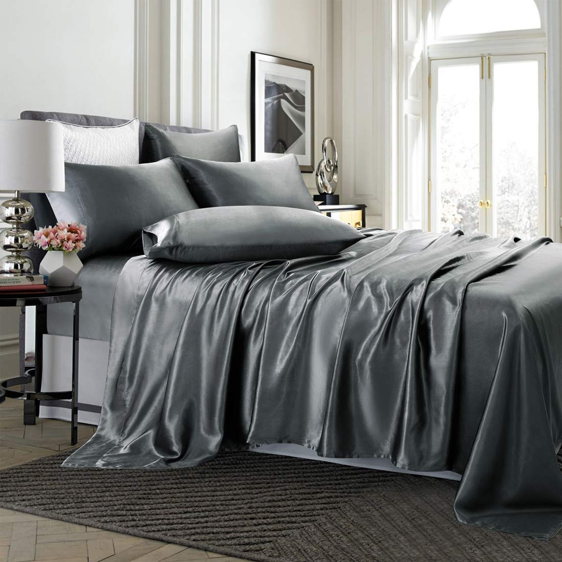 Treely 6 Piece Satin Sheets King Size Silky Smooth Grey Satin Sheet Set With Deep Pocket, Satin Fitted Sheet, Flat Sheet, 4 Sati