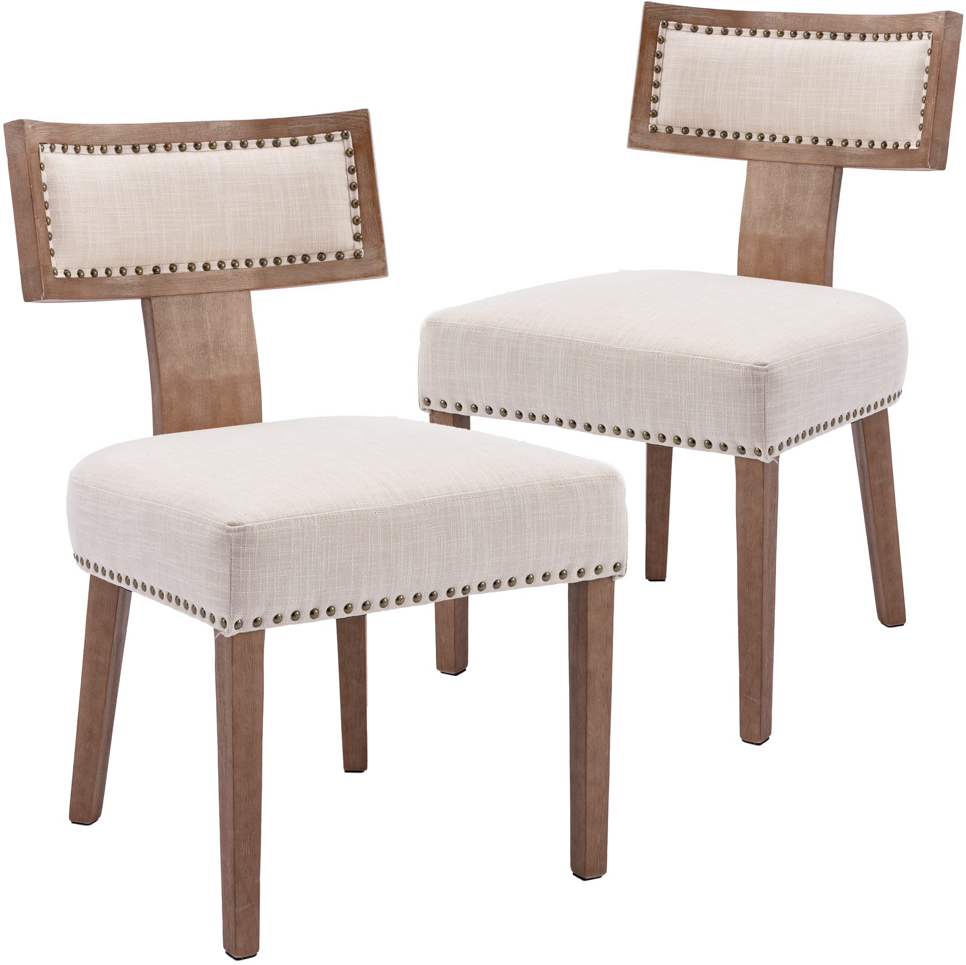 Wahson Set Of 2 Farmhouse Kitchen & Dining Room Chairs With Metal Nailhead Trim, Retro Linen Upholstered Dining Chair With Natur