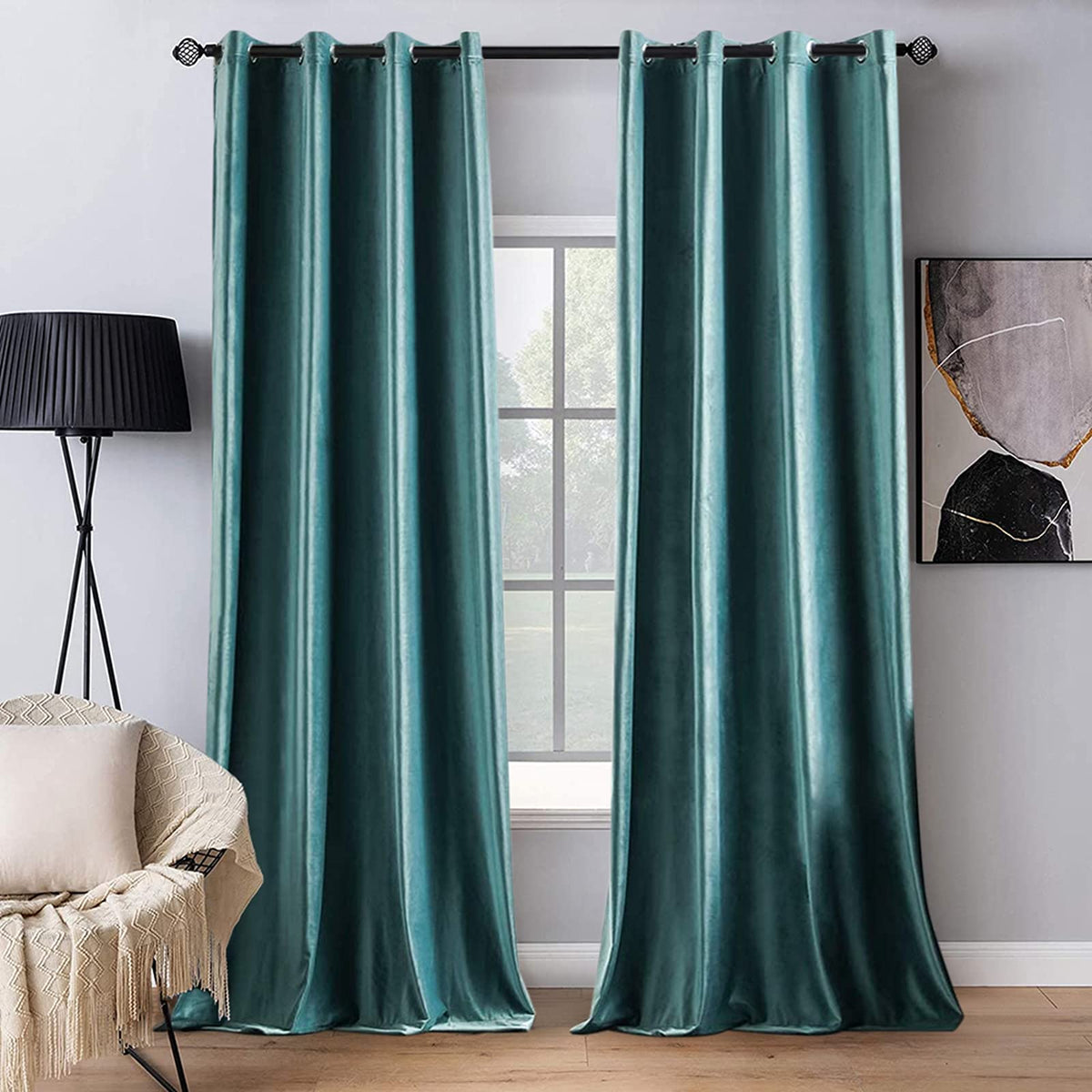 Miulee 2 Panels Blackout Velvet Curtains Solid Soft Grommet Teal Curtains Thermal Insulated Soundproof Room Darkening Long Black