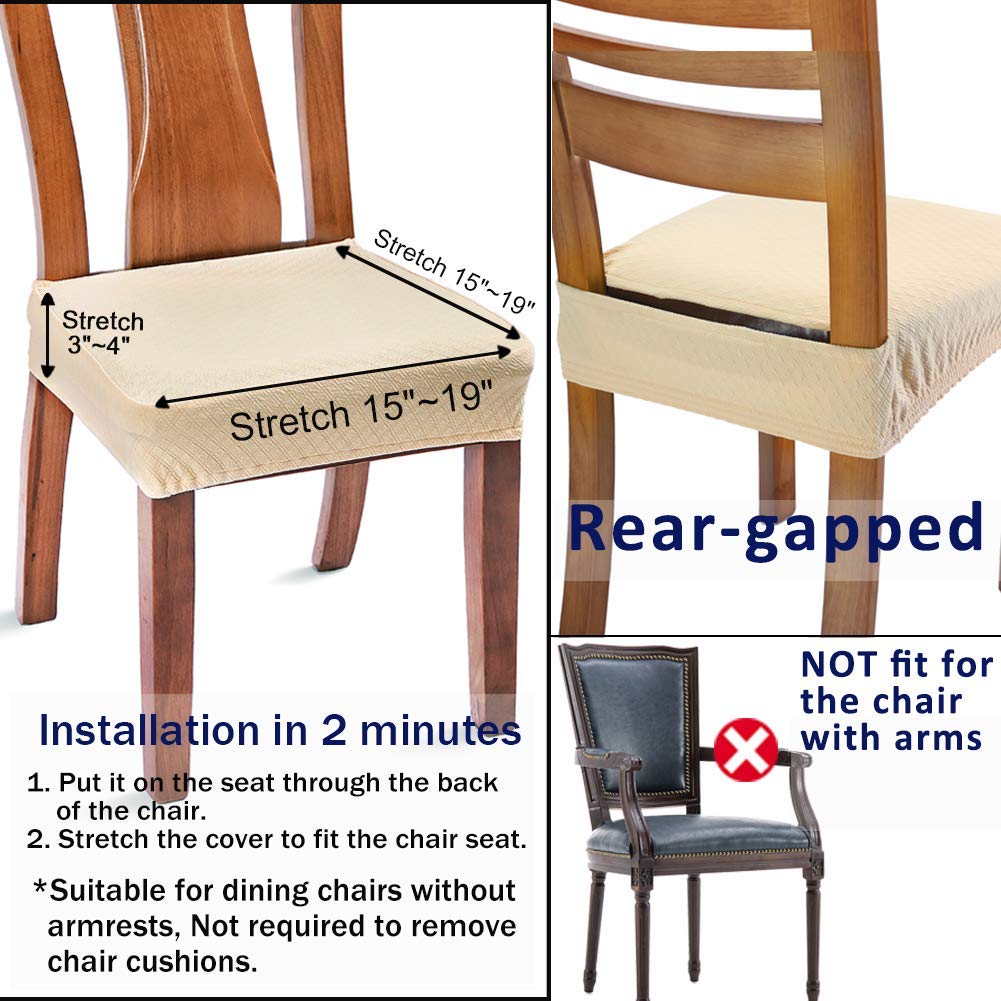 Buyue Fast Installation Dining Room Chair Covers Set Of 4, Luxury Stretch Jacquard Seat Slipcovers For Kitchen Armless Chairs, Rear Gapped- Beige- 4
