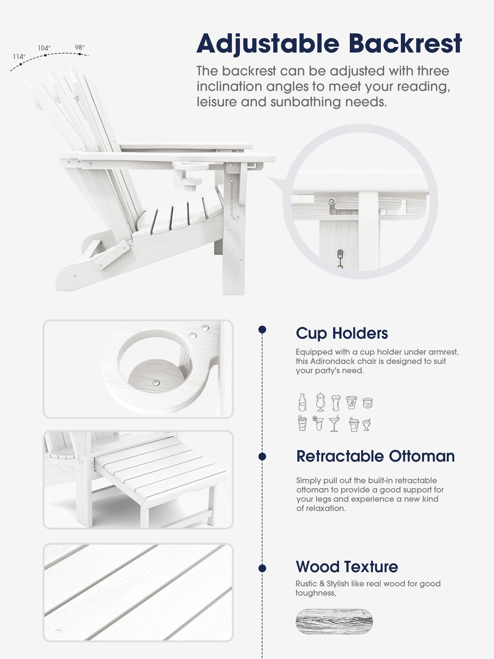 Kingyes Folding Adjustable Adirondack Chair With Retractable Ottoman, White
