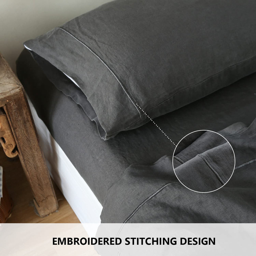 Simple&Opulence 100% Belgian Linen Pillowcase Embroidered-Set Of 2 Queen Size Stone Washed Solid Color-Soft And Durable (Dark Grey, 20''X30'')