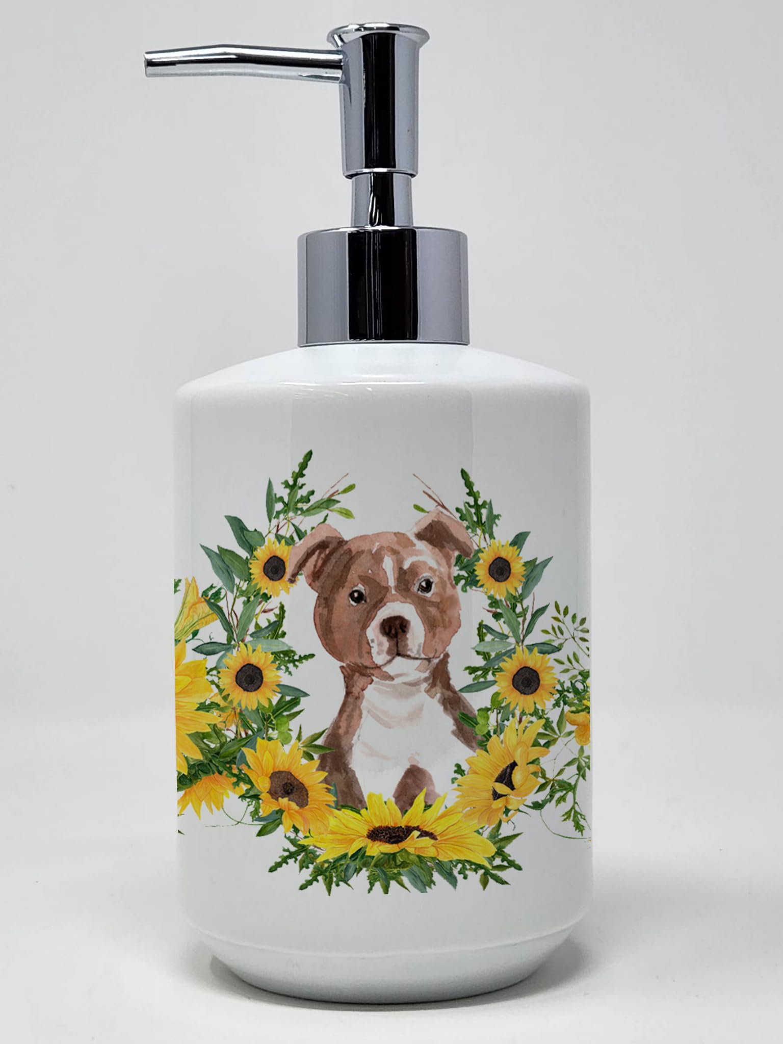 Caroline's Treasures CK2930SOAP Red Staffie Bull Terrier in Sunflowers Ceramic Soap Dispenser Hand Soap Dispenser Pump Bottles f