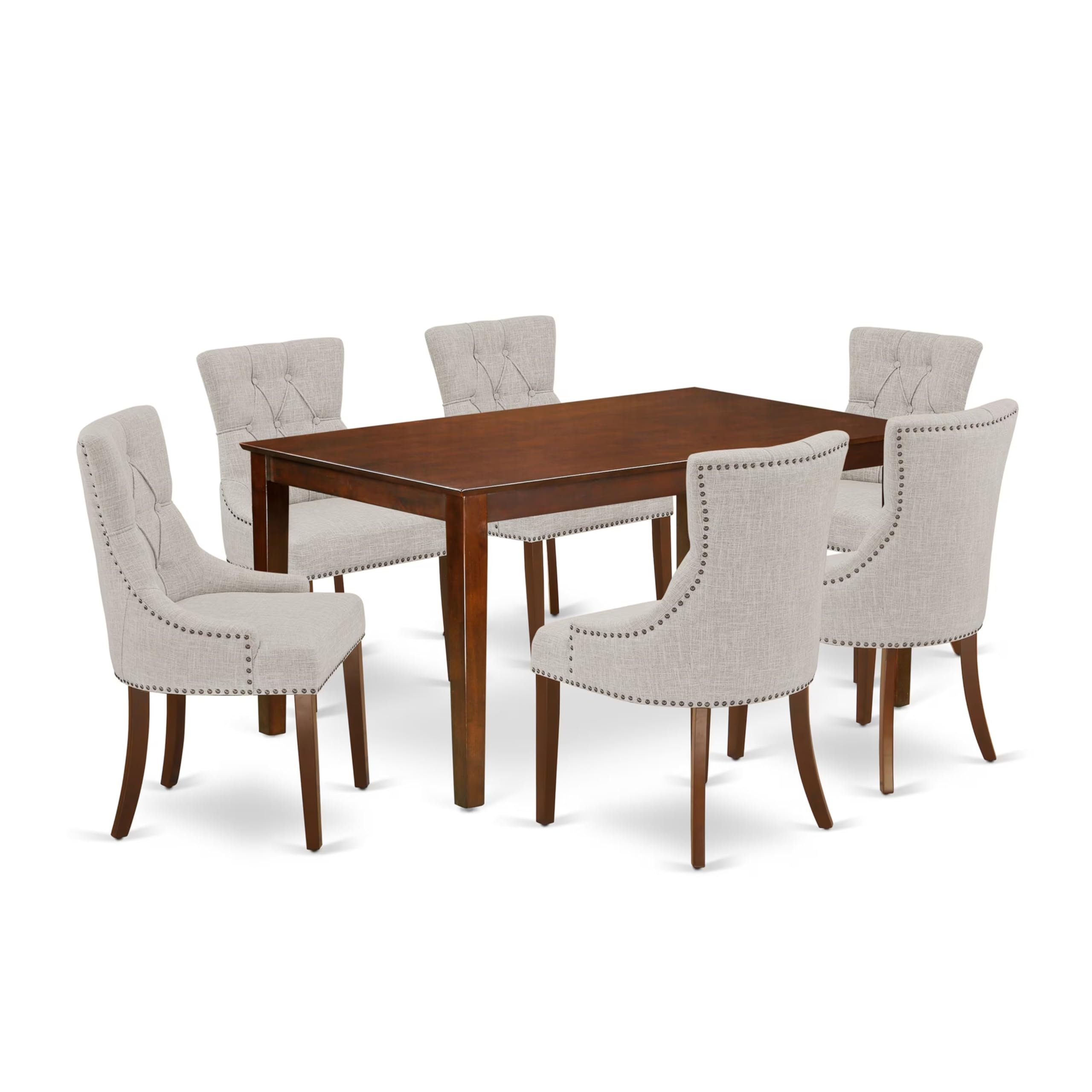 East West Furniture Cafr7-Mah-05 7 Piece Dining Table Set Consist Of A Rectangle Kitchen Table And 6 Doeskin Linen Fabric Upholstered Parson Chairs, 36X60 Inch, Mahogany