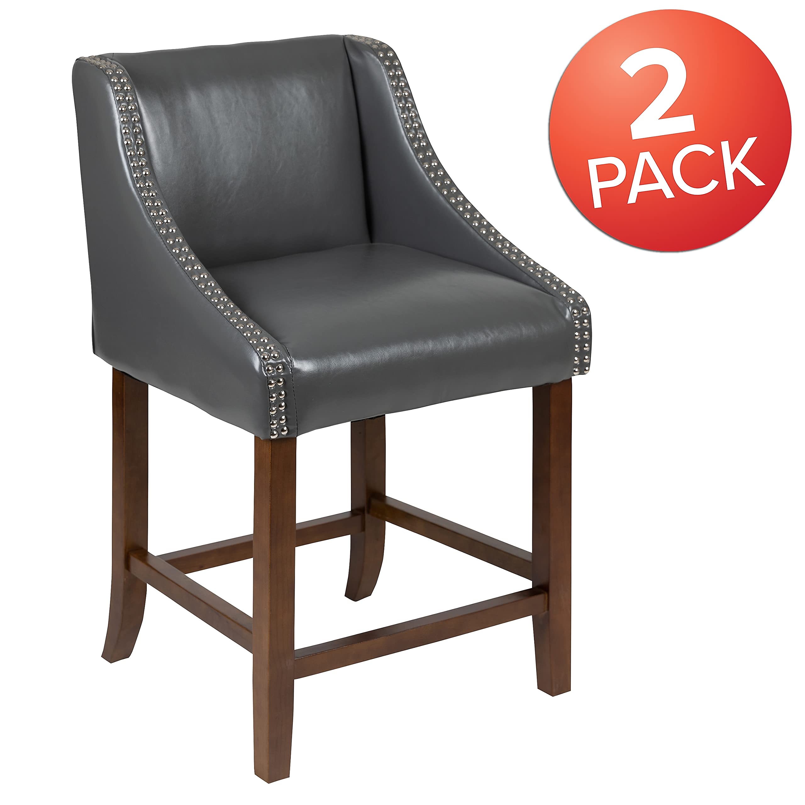 Flash Furniture Carmel Series 24&quot; High Transitional Walnut Counter Height Stool with Nail Trim in Dark Gray LeatherSoft, Set of 2