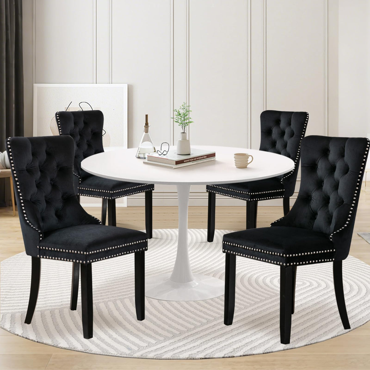 Soartalent 5-Piece 42' Round Dining Table Set For 4, White Table & 4 Black Velvet Upholstered Dining Chairs, Modern Style, Kitc