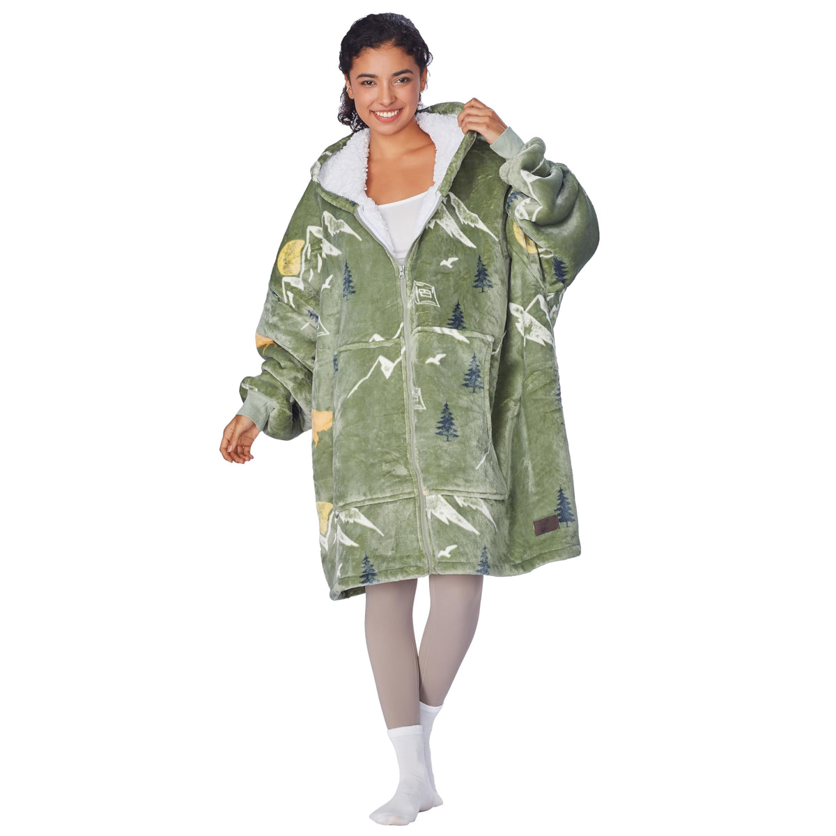 Catalonia Green Camping Zip Up Blanket Hoodie Sweatshirt, Oversized Sherpa Pullover Jacket Coat For Men Women, Comfortable Gift