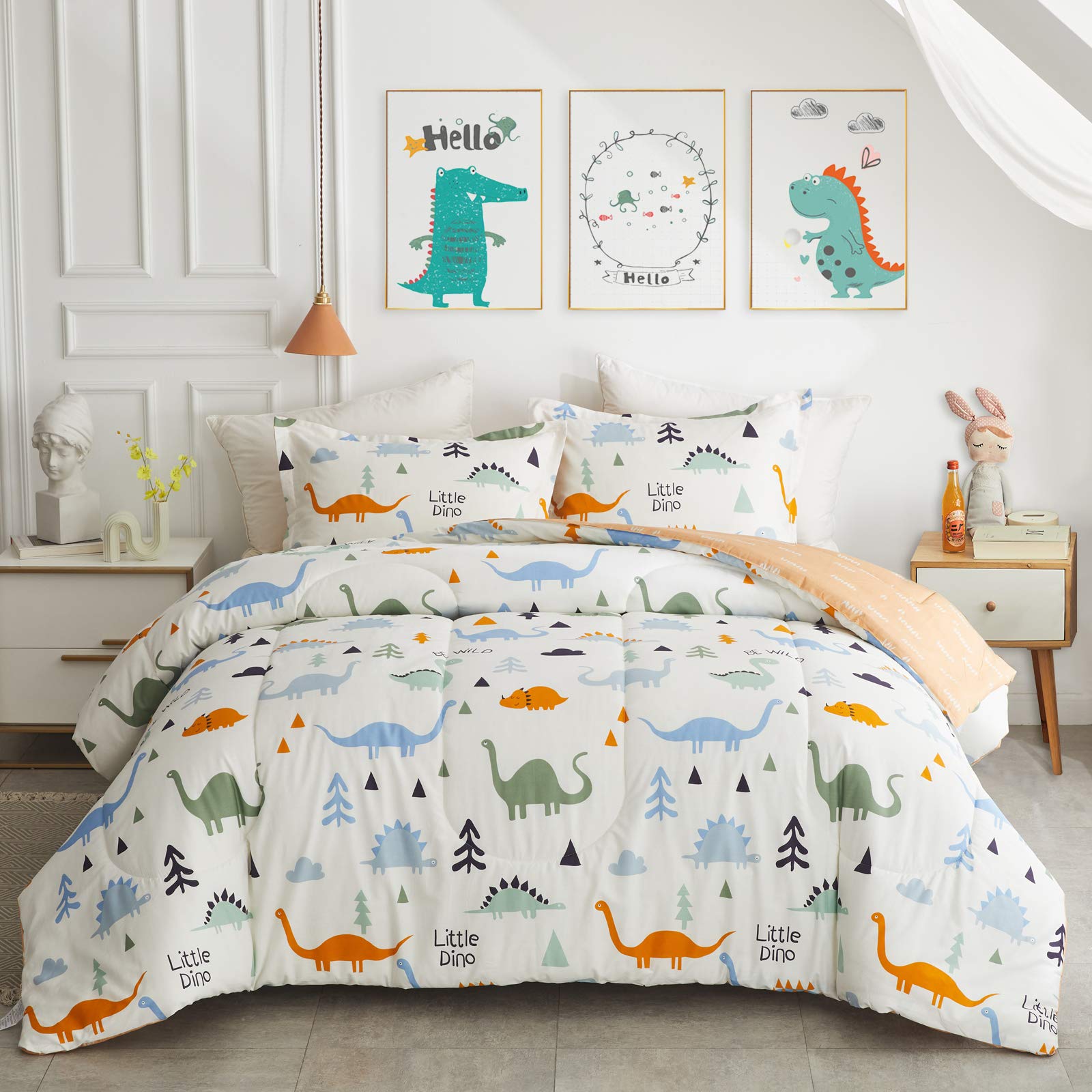Joyreap 3Pcs Cotton Comforter Set For Kids, Dinosaur Twin Size Cotton Bedding Comforter For Boys Girls, White N Orange Reversibl