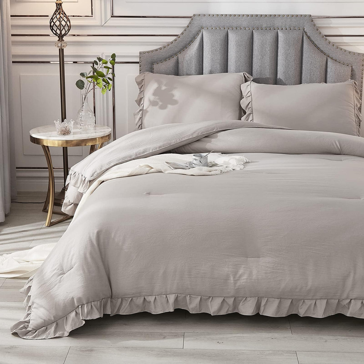 Andency California King Comforter Set Wheat (104X96Inch), 3 Pieces Cal King Ruffle Comforter, Oversized Farmhouse Shabby Chic Be
