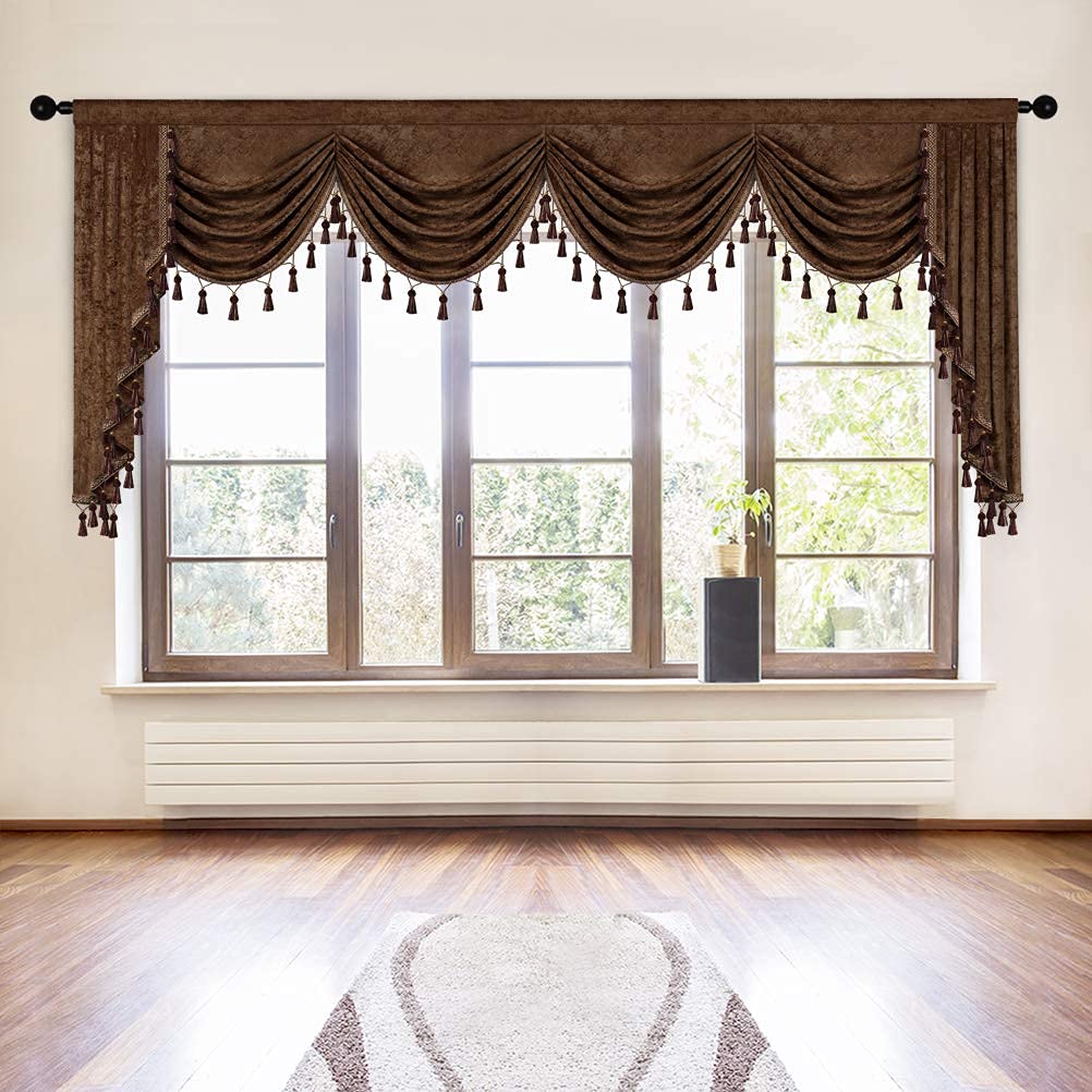 Elkca Thick Chenille Window Curtains Valance For Living Room Chocolate Waterfall Valance For Bedroom,Rod Pocket,1 Panel (Chocola