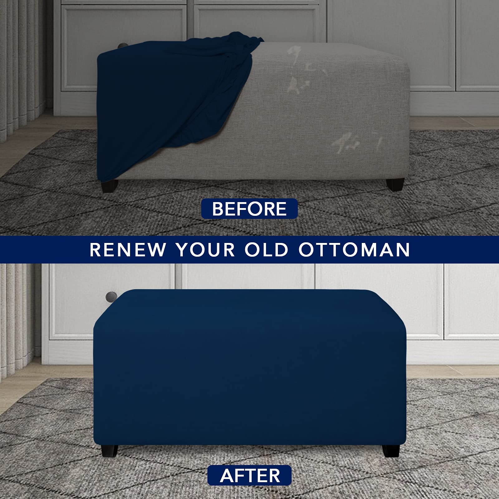 Purefit Super Stretch Soft Form Fit Ottoman Cover Rectangle - Ottoman Slipcovers For Foot Stool & Folding Storage Furniture For Living Room With Nonslip Elastic Bottom (Medium, Navy)