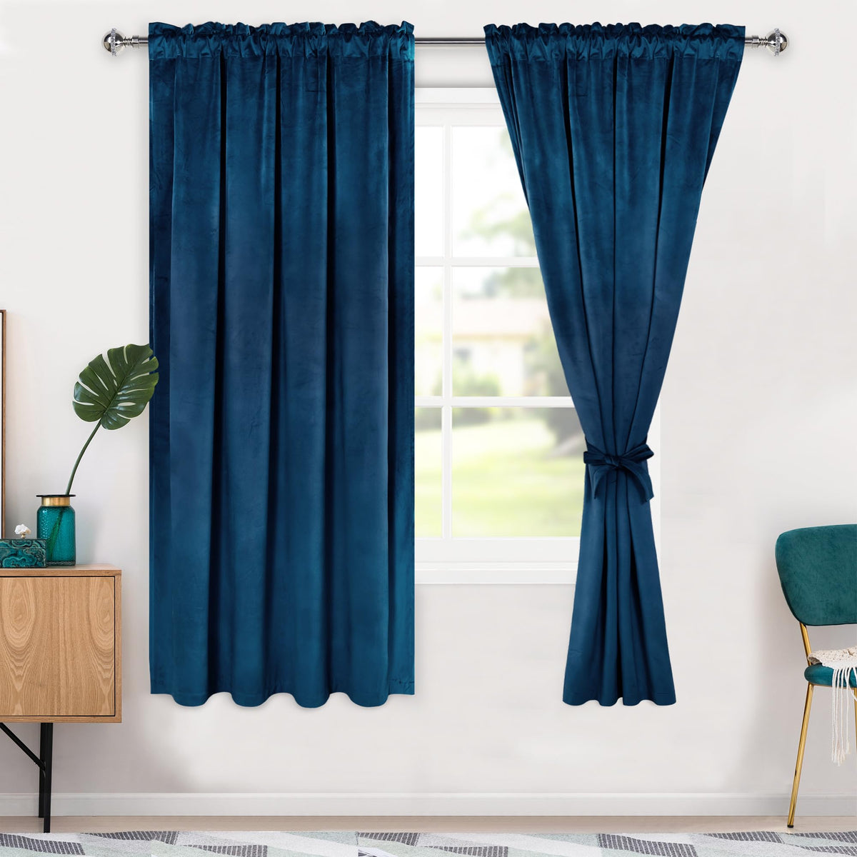 Hiasan Navy Velvet Curtains 72 Inches-Blackout Thermal Insulated Solid Soft Curtains For Bedroom Living Room Rod Pocket Room Dar