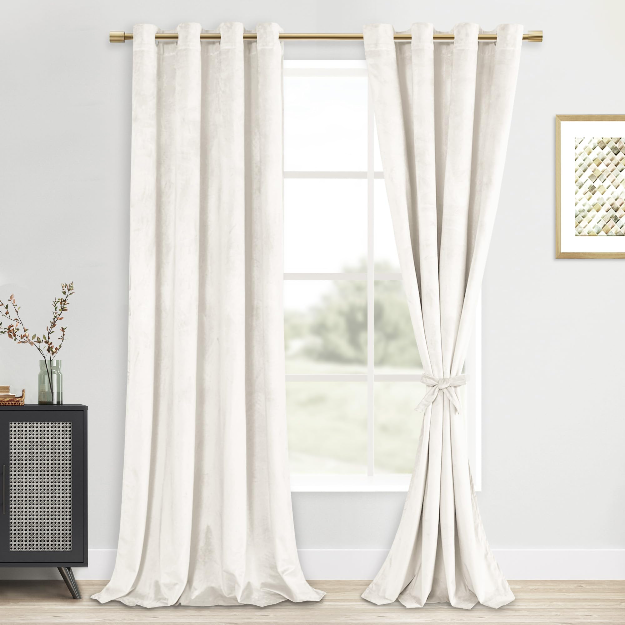 Dwcn Ivory Velvet Curtains 108 Inches Long - Room Darkening Noise Absorb Tieable Grommet Curtains & Drapes Warm Soft Texture Pri