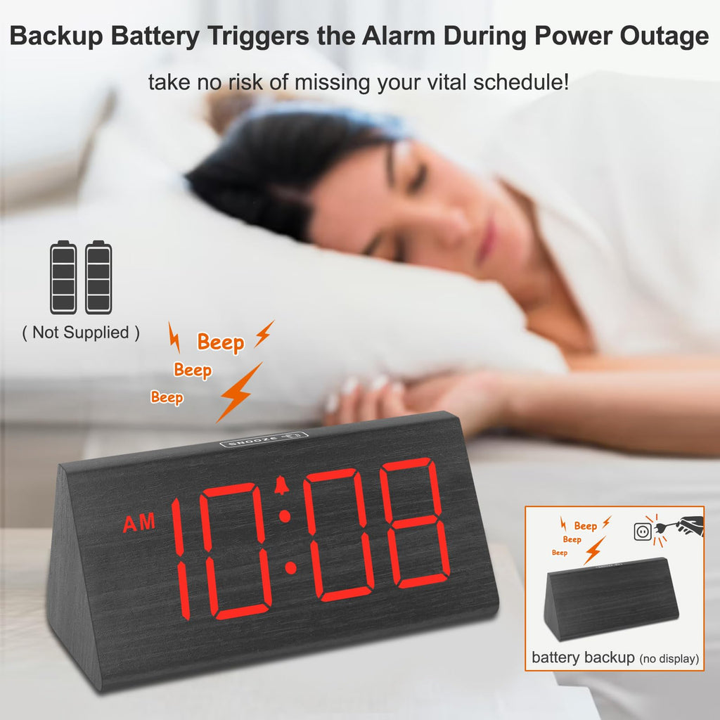 Dreamsky Wooden Digital Alarm Clocks For Bedrooms - Electric Desk Clock With Large Red Numbers, Usb Port, Battery Backup Alarm,