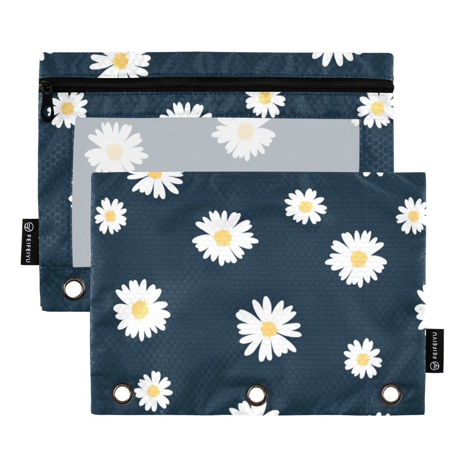 Gredecor Binder Pencil Pouch 3 Ring Navy Blue Flower Daisy Zipper Pencil Pouches Case 2 Pack Clear Binder Organizer For School O