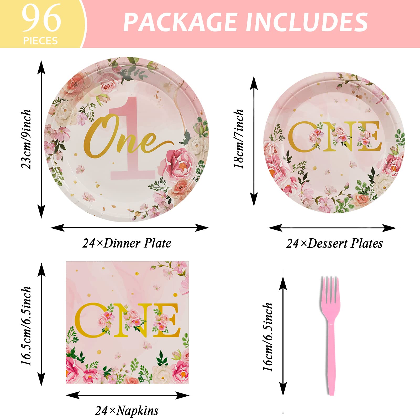 96Pcs 1St Birthday Party Supplies Girls One Birthday Plates Napkins Dinnerware First Year Floral Birthday One Year Tableware Dec