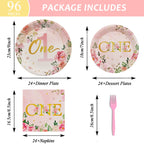 96Pcs 1St Birthday Party Supplies Girls One Birthday Plates Napkins Dinnerware First Year Floral Birthday One Year Tableware Dec