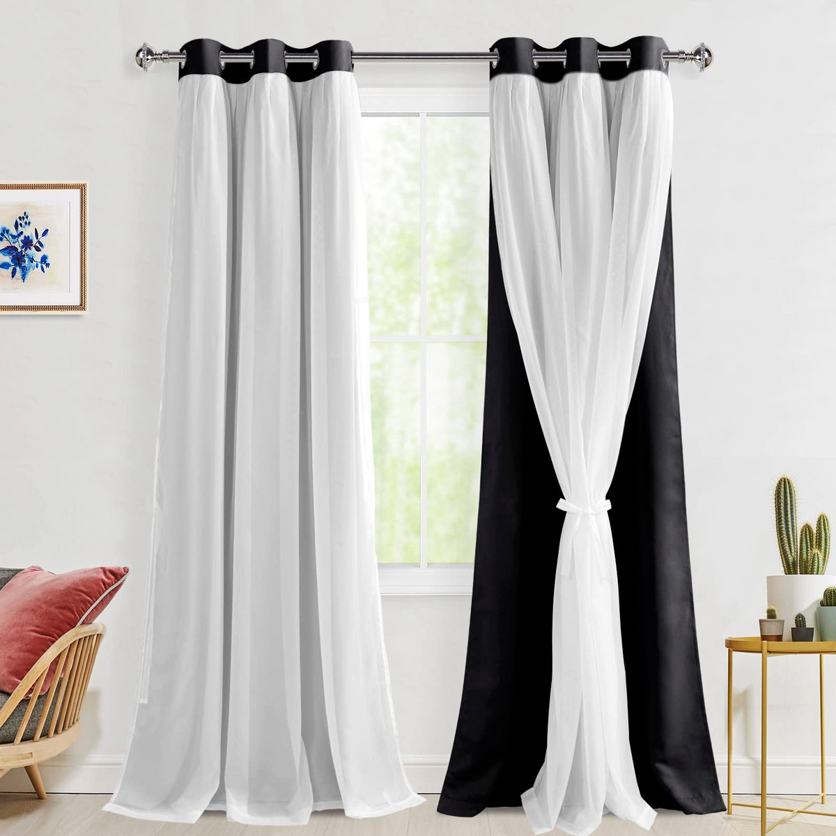 Hiasan Blackout Curtains with Sheer Overlay, Thermal Insulated Privacy Double Layer Mix & Match Grommet Window Curtains for Bedr