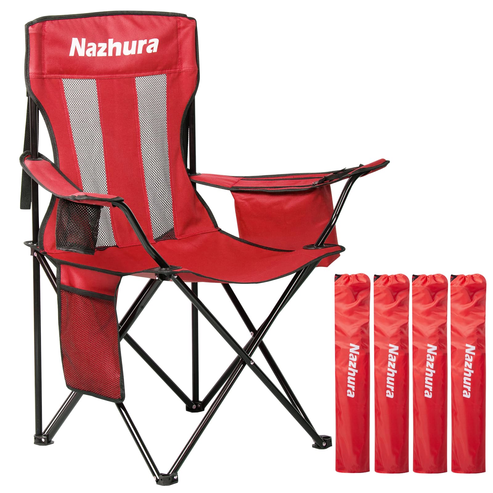 Nazhura 4 Pack Outdoor Camping Chairs Folding/Foldable/Portable with Cooler Pouch, Mesh Backrest and Cup Holder Pocket (Red, 4 P