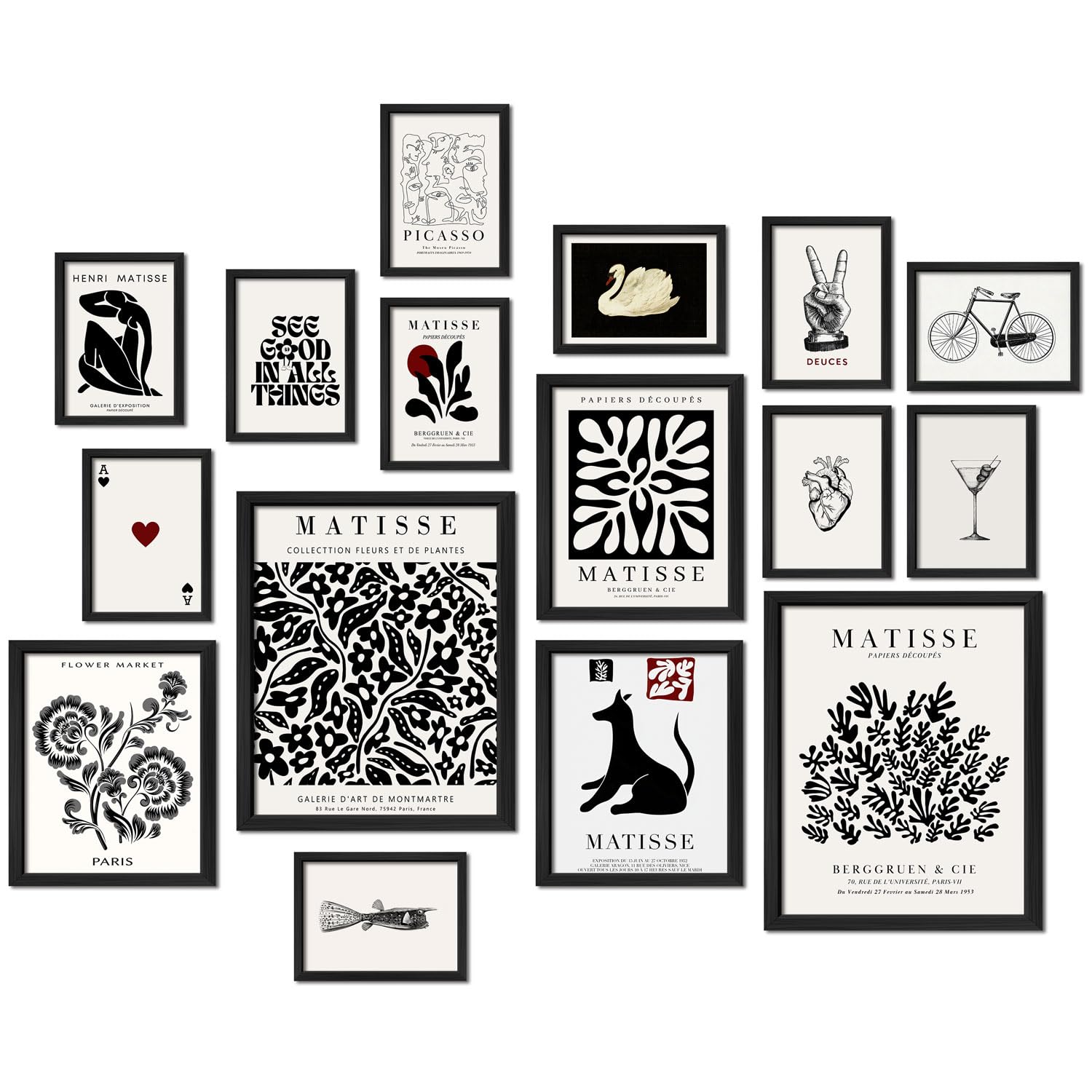 ANERZA 16 PCS Framed Black and White Wall Art Decor, Matisse Abstract Wall Prints for Bedroom, Gallery Wall Frame Set, Minimalis