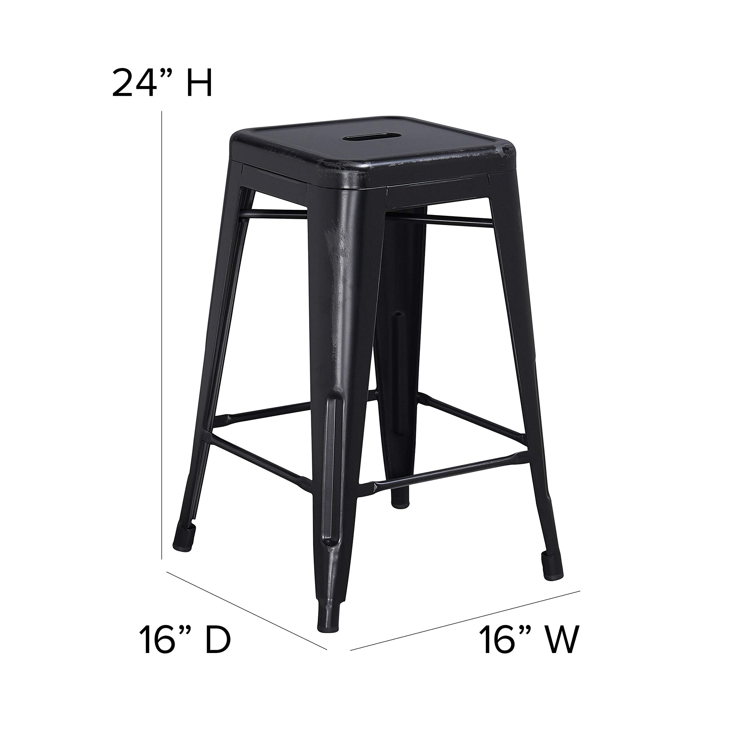 Flash Furniture Commercial Grade 24' High Backless Distressed Black Metal Indoor-Outdoor Counter Height Stool