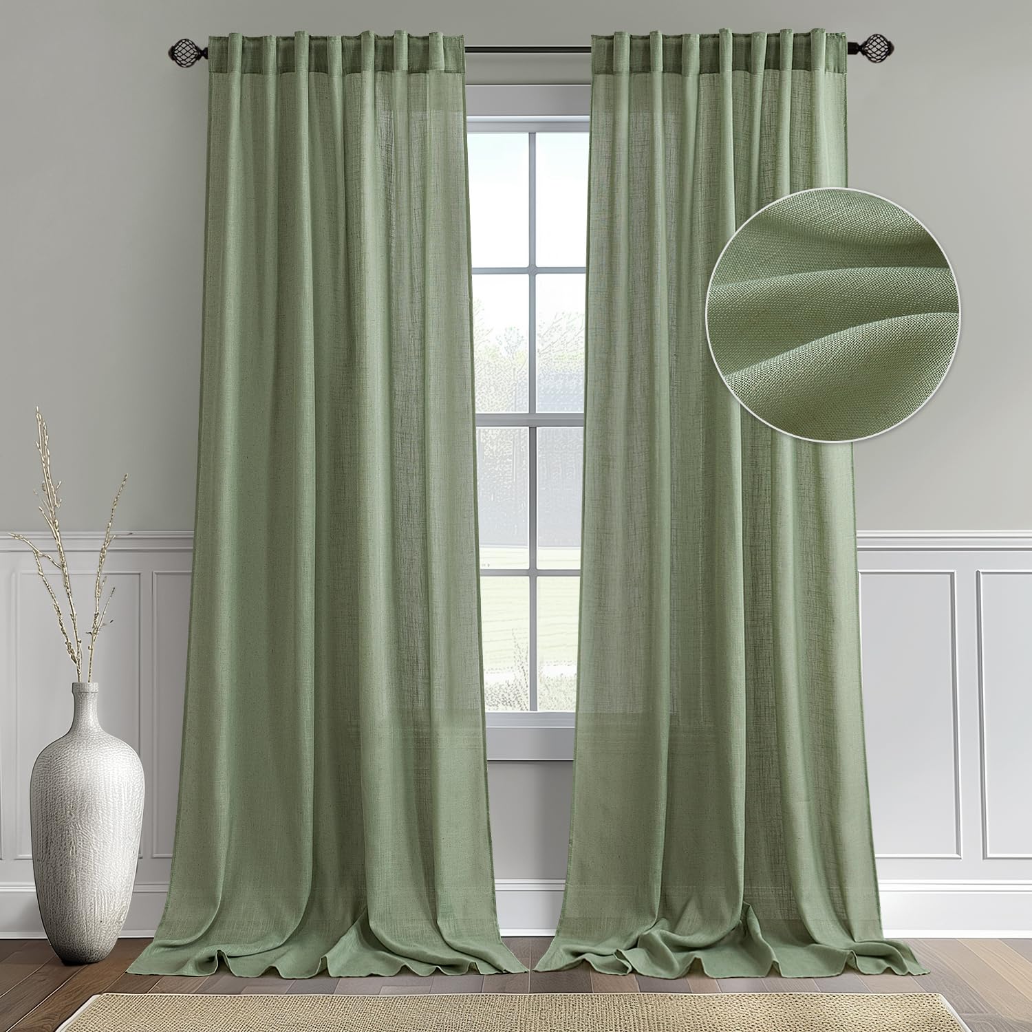 Miulee Linen Curtains 90 Inch Length For Living Room 2 Panels, Sage Green Rod Pocket Back Tab Light Filtering Semi Sheer Boho So