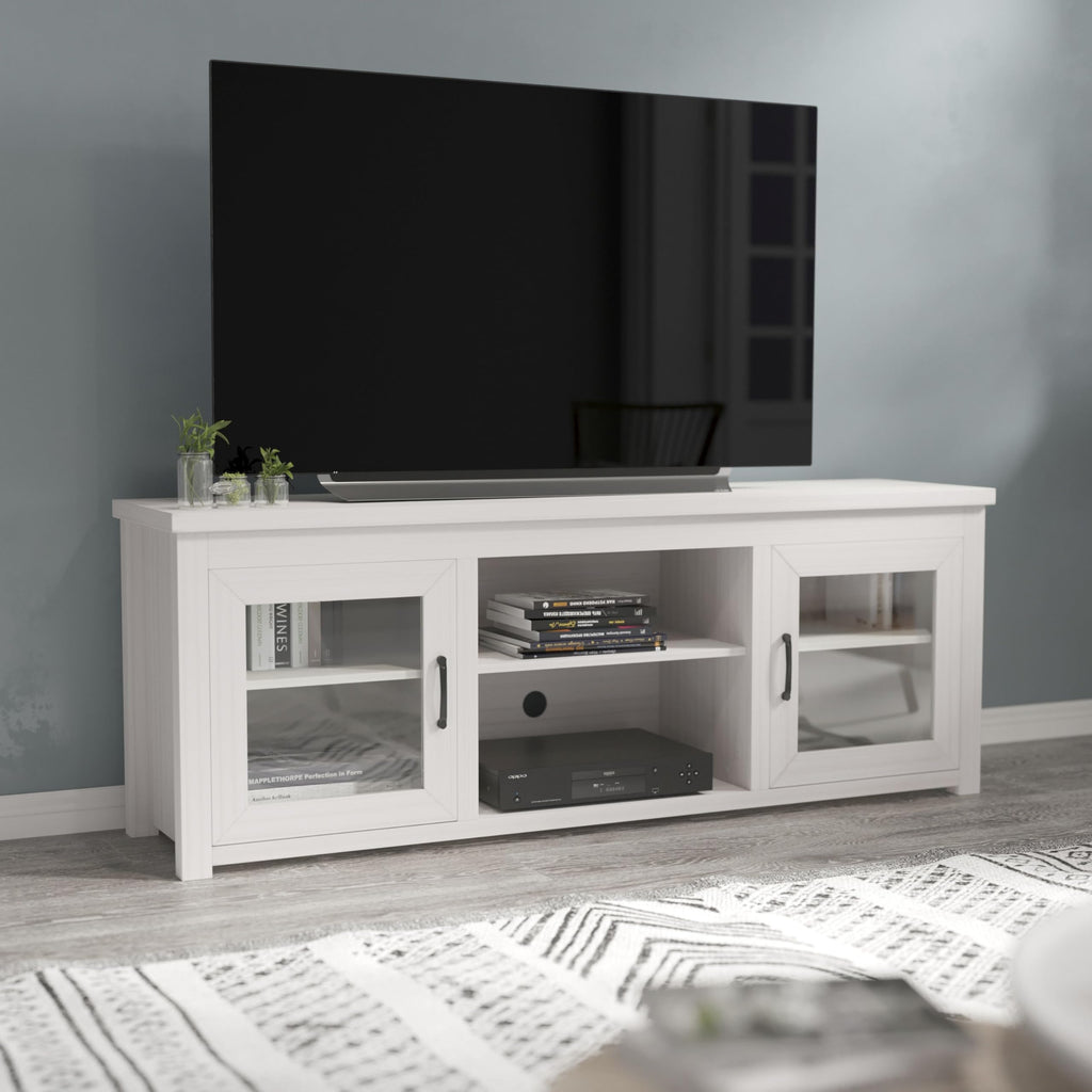 Flash Furniture Sheffield Engineered Wood TV Stand for 80" TVs, Media Console/TV Cabinet with 3 Adjustable Shelves and Glass Doors, White Wash Finish