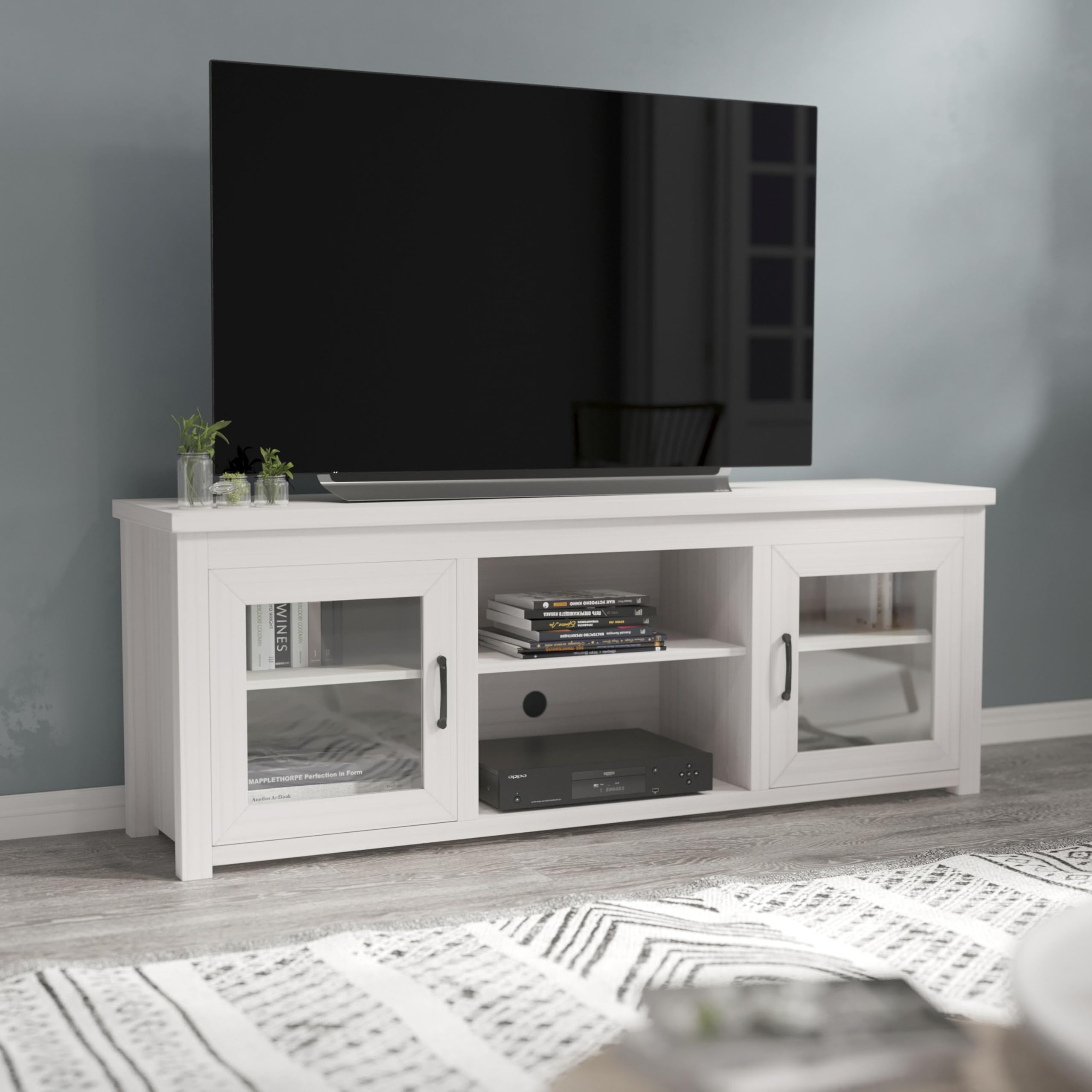 Flash Furniture Sheffield Engineered Wood TV Stand for 80" TVs, Media Console/TV Cabinet with 3 Adjustable Shelves and Glass Doors, White Wash Finish