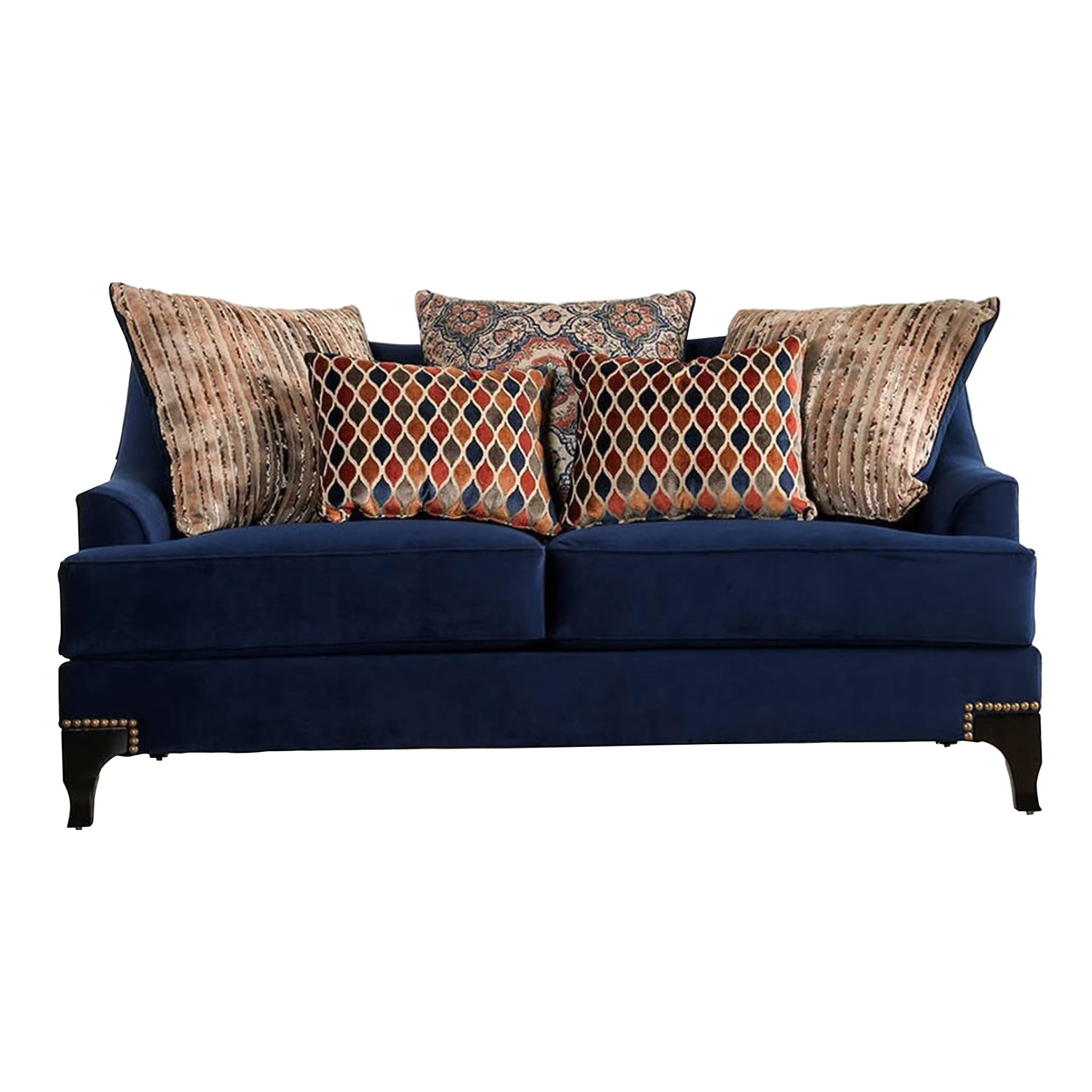 Benjara, Blue Wood And Chenille Fabric Upholstered Loveseat With Throw Pillows