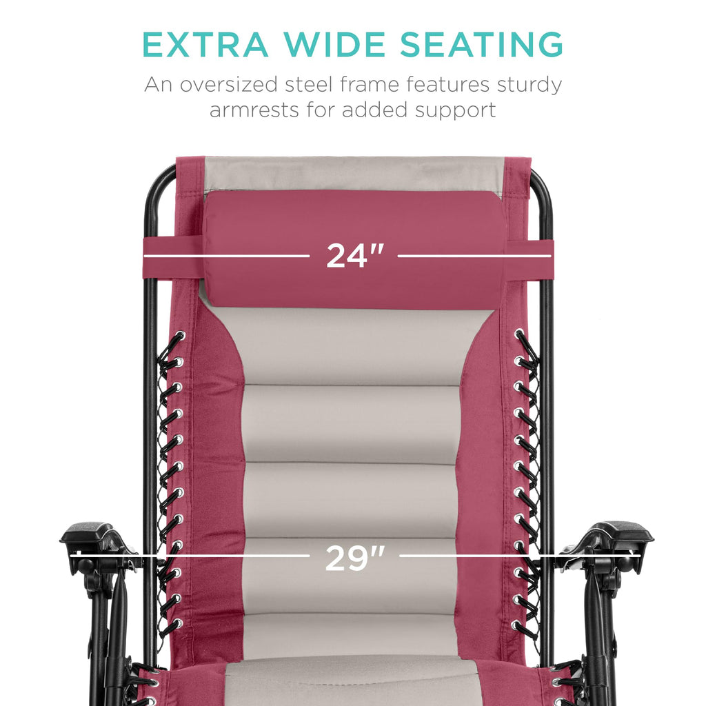 Best Choice Products Oversized Padded Zero Gravity Chair, Folding Outdoor Patio Recliner, Xl Anti Gravity Lounger For Backyard W/Headrest, Cup Holder, Side Tray, Polyester Mesh - Pink/Taupe