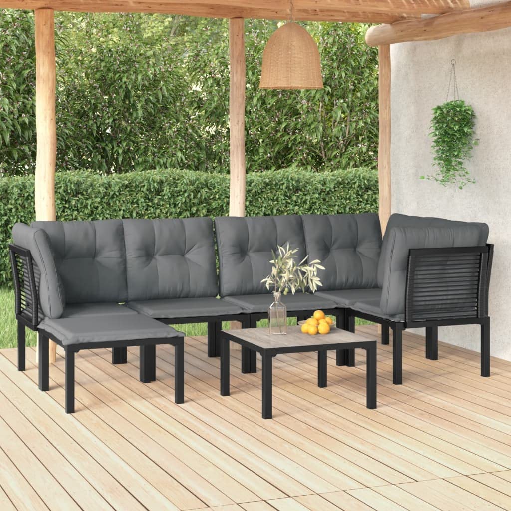 vidaXL Patio Lounge Set 7 Piece, Outdoor Patio Furniture with Coffee Table, Conversation Set with Footstool, Modern Style, Black and Gray Poly Rattan
