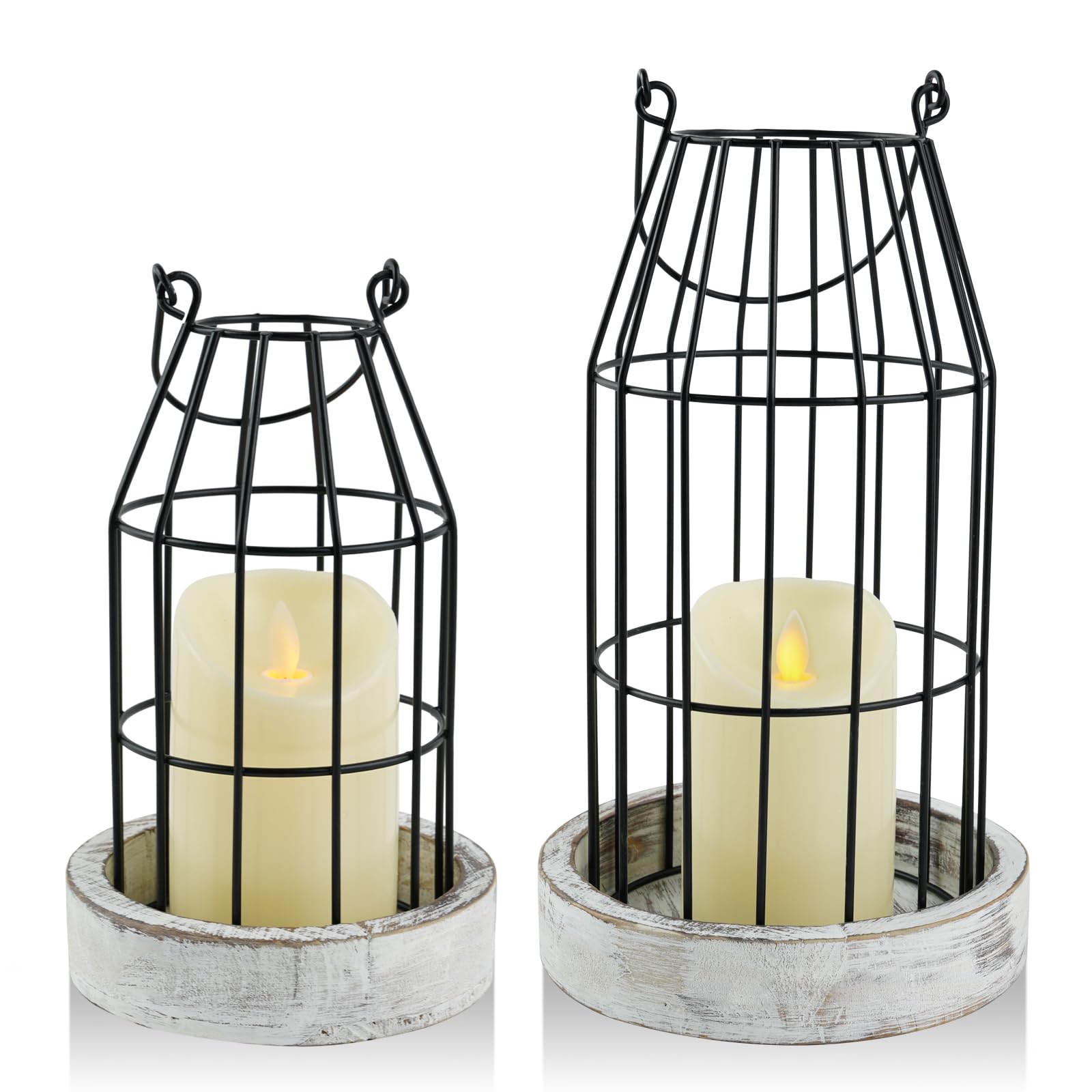 VIVIRENOIR Farmhouse Lantern Decor, Set of 2 Rustic Home Decor Lanterns with Flameless Candles, Wire Metal Cloche Decorative Can