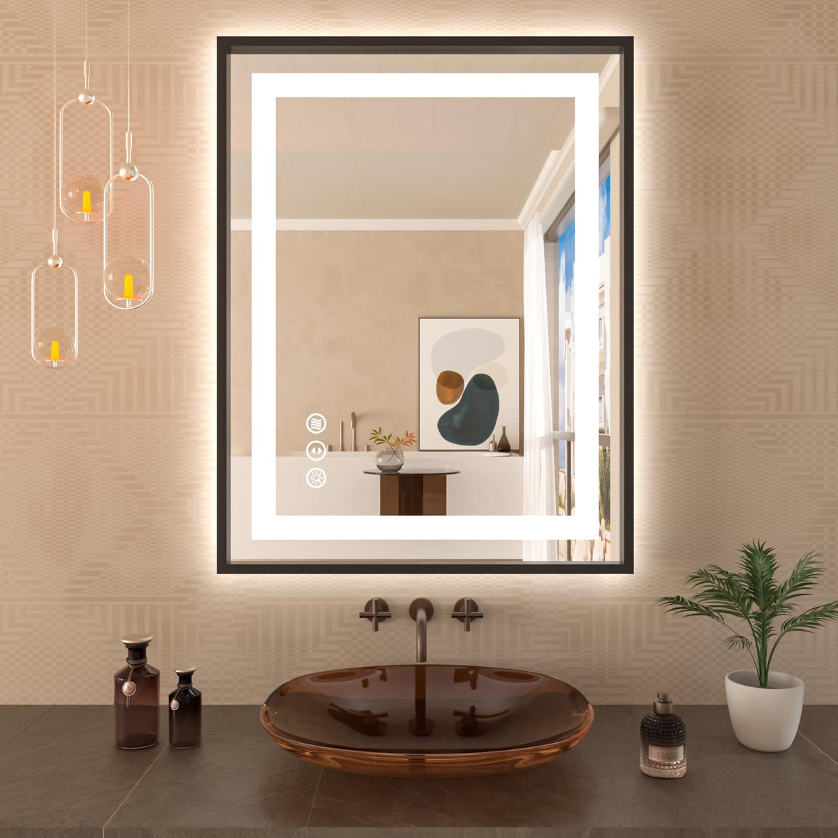 Amorho 28''x 36'' LED Bathroom Mirror with Black Frame, Front Light and Backlit, Stepless Dimmable, Anti-Fog, Shatter-Proof, Mem