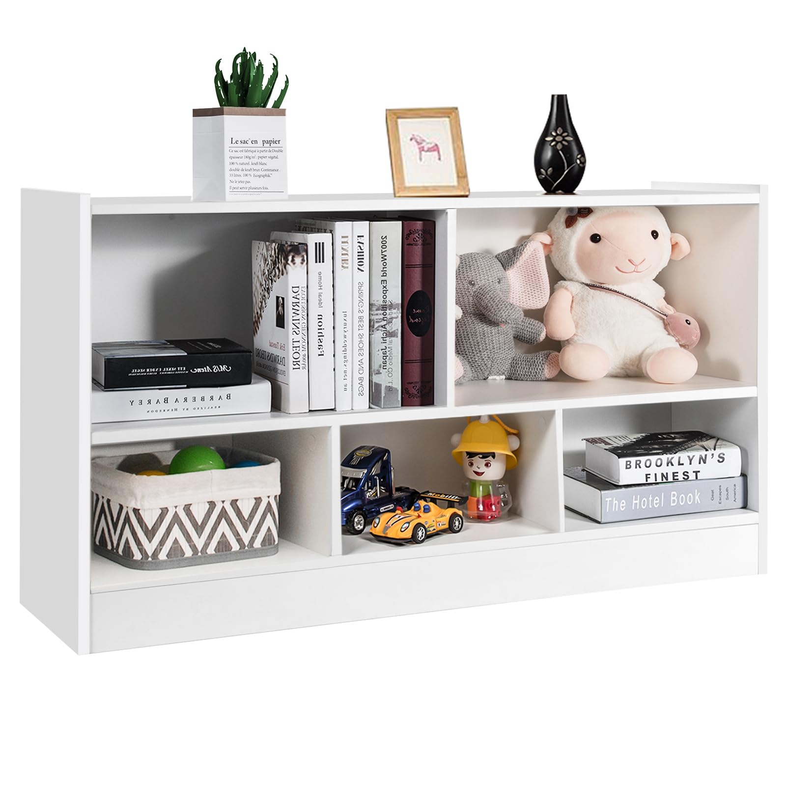 Silkydry 5 Cube Storage Organizer, 2-Tier Horizontal Bookshelf, Wooden Display Book Shelves For Home Office Classroom, Low Bookcase Under Window (White, 44” X 12” X 24”)