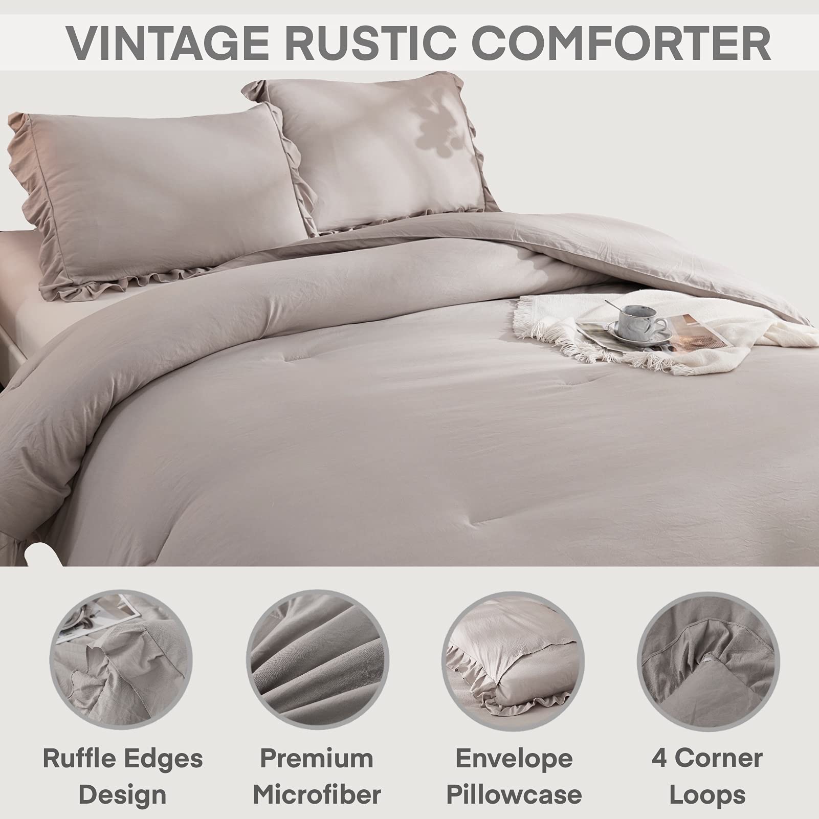 Andency Wheat Ruffled Comforter King(104X90Inch), 3 Pieces(1 Ruffle Comforter And 2 Pillowcases) Vintage Ruffle Fringe Comforter, Farmhouse Rustic Microfiber Down Alternative Bedding Comforter Set