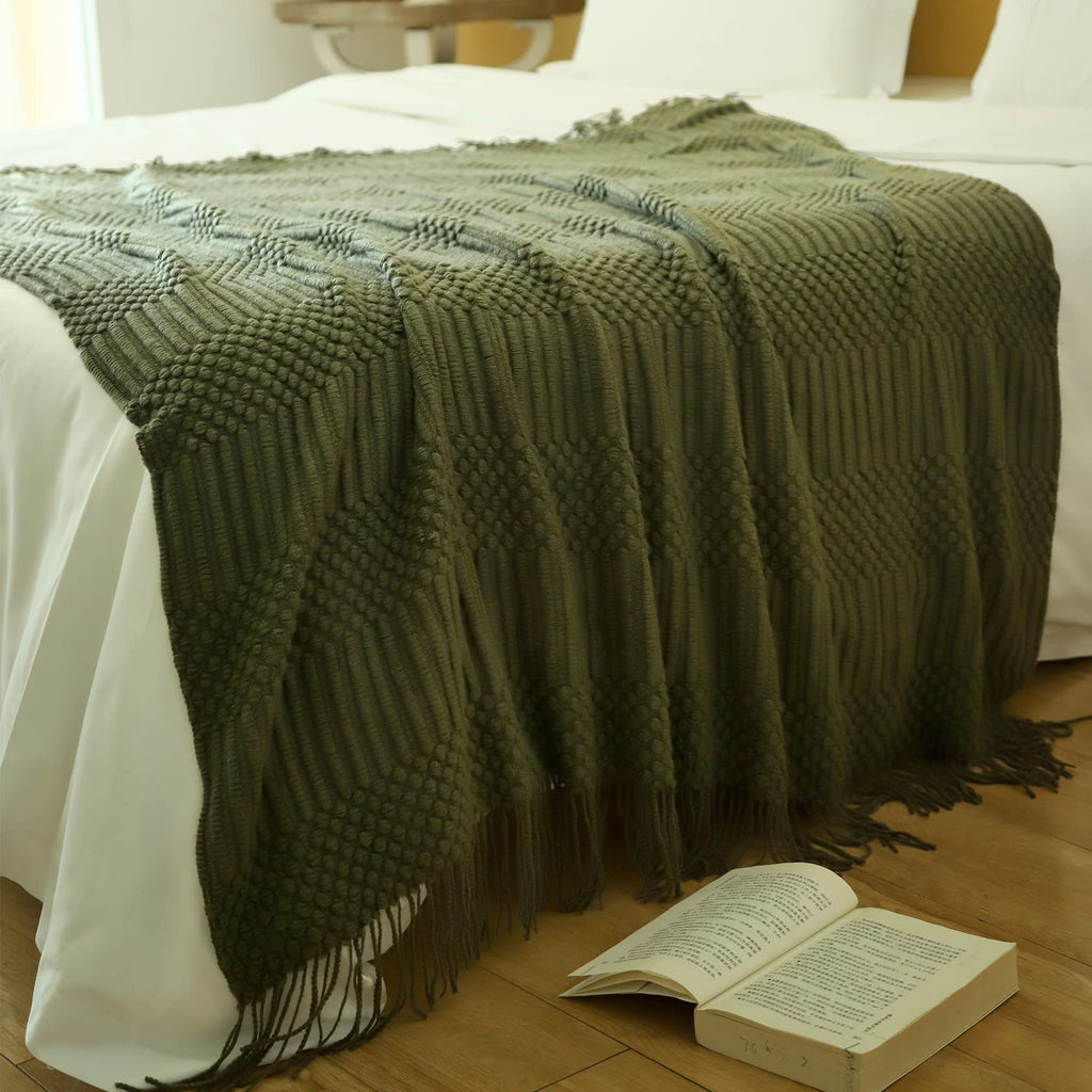 Blagic Knitted Throw Blanket For Couch, Bed And Sofa. Super Soft Blanket With Tassels, Dark Green Throw Blanket, 60 X 80 Inches