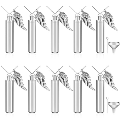 10 Pieces Angel Wing Memorial Keepsake Cylinder Cremation Ashes Necklace Urn Necklaces Holder for Cremation Keepsakes for Men St