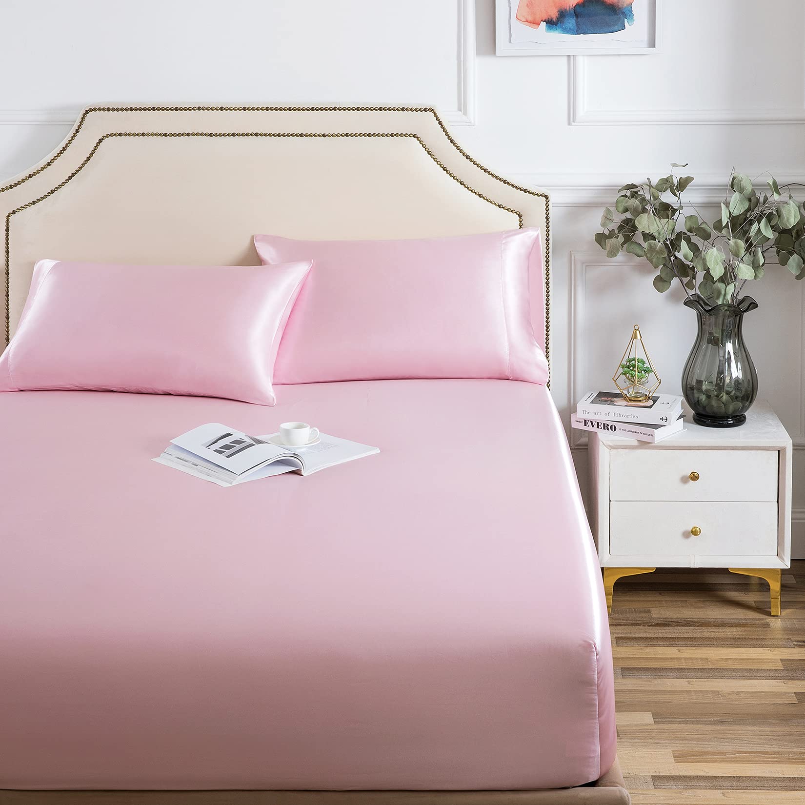 Satin Fitted Sheet, King Fitted Sheet Only, 1 - Piece Ultra Soft Deep Pocket Single Silk Bottom Bed Sheet King - Pink