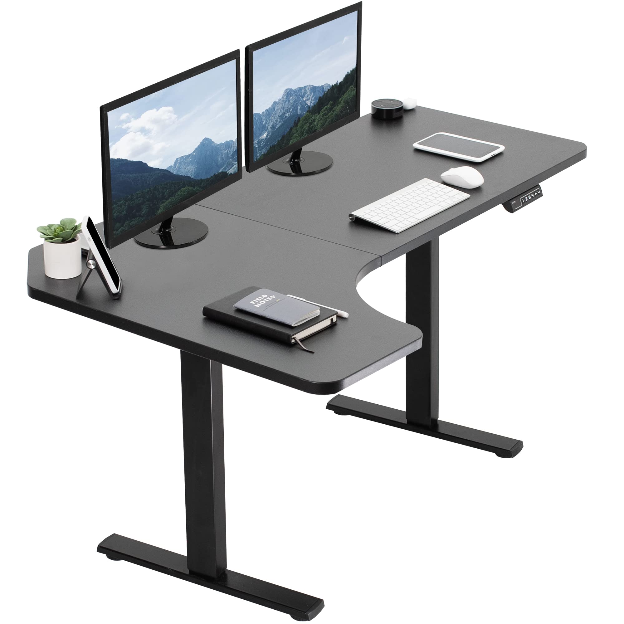 VIVO Electric Height Adjustable L Shaped 58 x 35 inch Corner Standing Desk, Black Reversible Table Top, Black Frame, Workstation