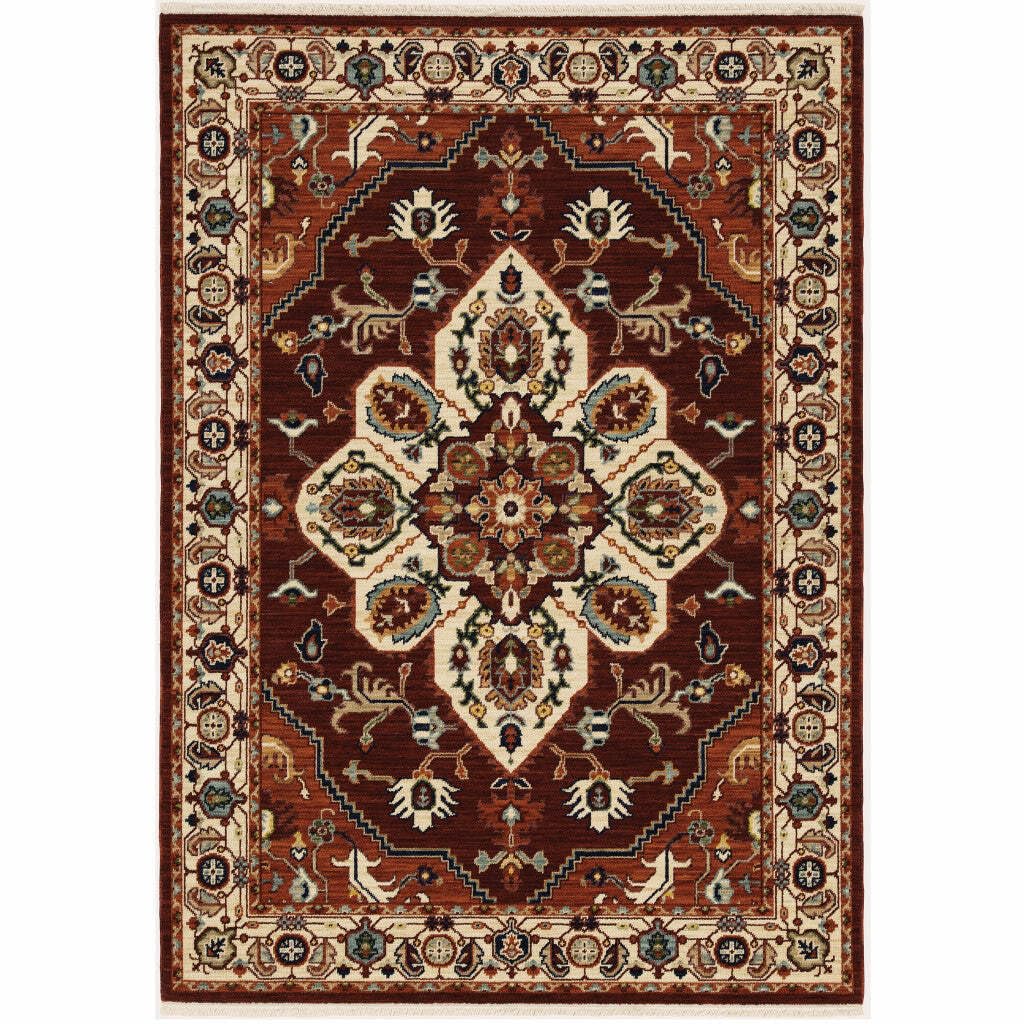 HomeRoots 509244 6 x 9 ft. Red Ivory Orange & Blue Oriental Power Loom Stain Resistant Rectangle Area Rug with Fringe