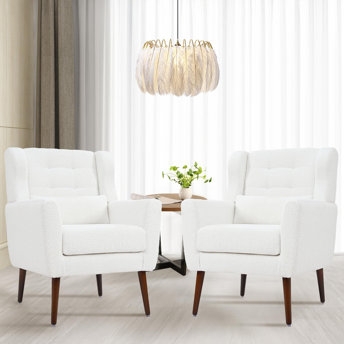Qkff Accent Chair Set Of 2, Upholstered Armchair With Pillow, Teddy Single Sofa With Lounge Seat And Wood Legs For Living Room S