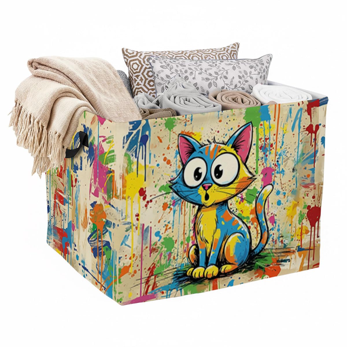 Doodle Cat Laundry Hamper with Handles,Large 56L Foldable Square Clothes Basket MultiUse Blanket Storage Bins for Organizing Bo