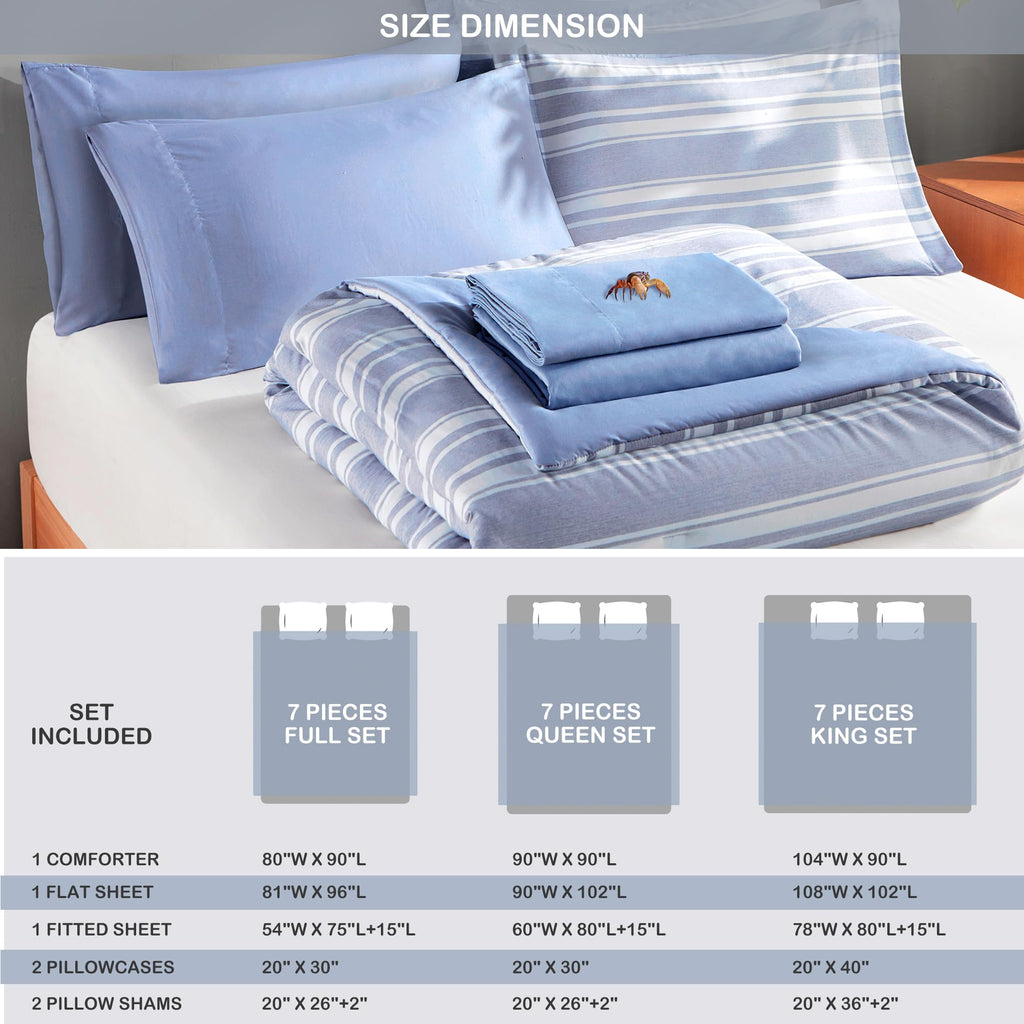 Codi King Size Bedding Comforter Sets With Sheets, Blue White Striped Bed In A Bag Reversible For All Seasons, Modern Cationic D