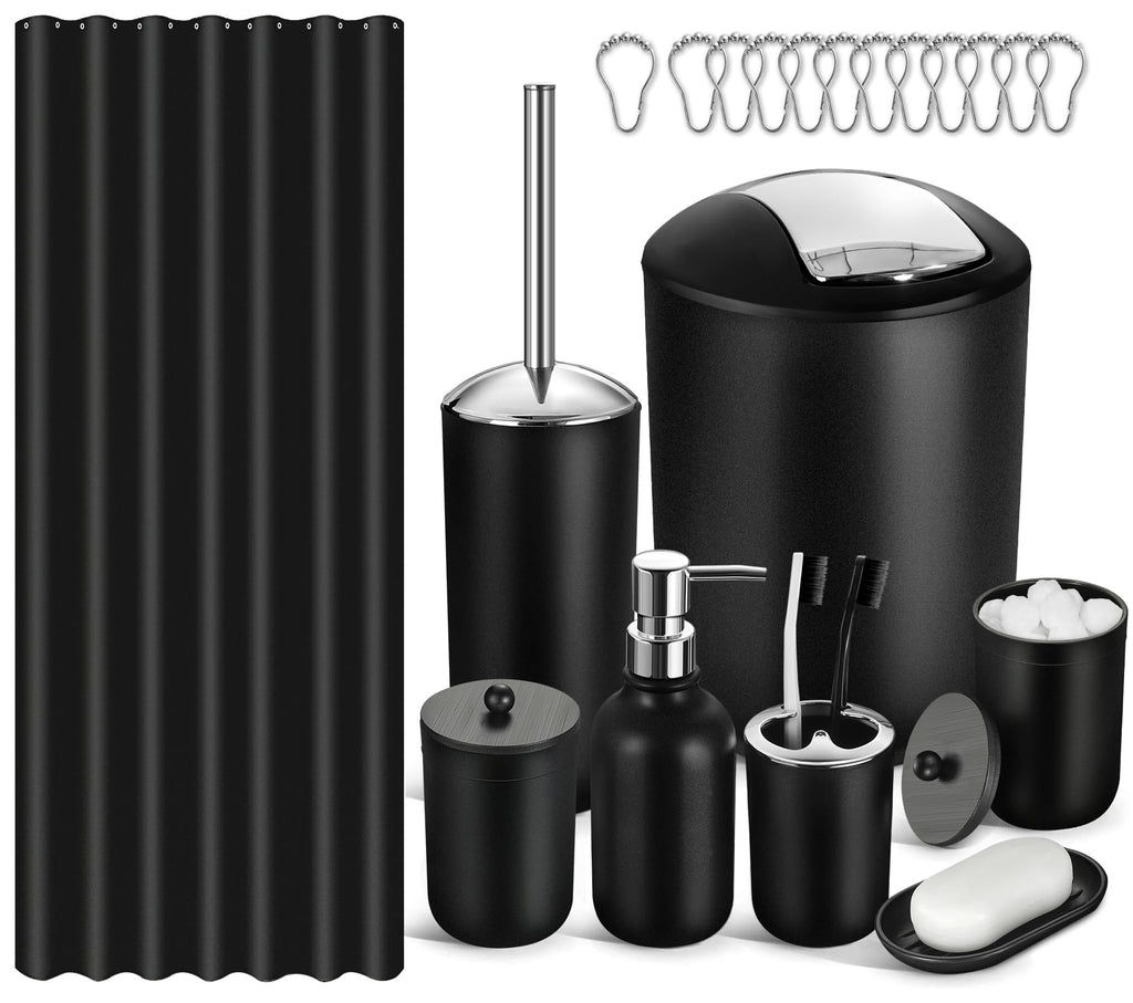 ALPIRIRAL Bathroom Set, 20Pcs Bathroom Shower Curtain Sets with Hooks, Black Bathroom Accessories Set with Trash Can, Bathroom A