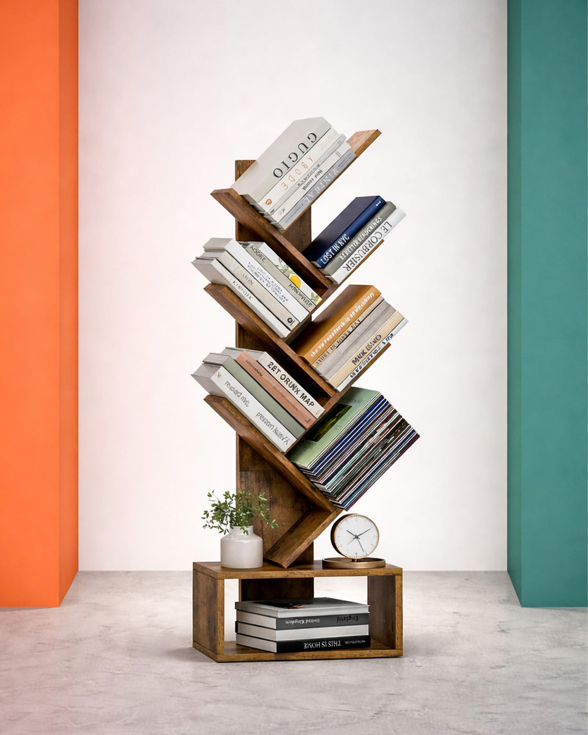 6 Tier Tree Book shelf  Small Bookcase and Small Bookshelf for Small Spaces, 15.0Inch Wide Rustic Standing Organizer with Six 